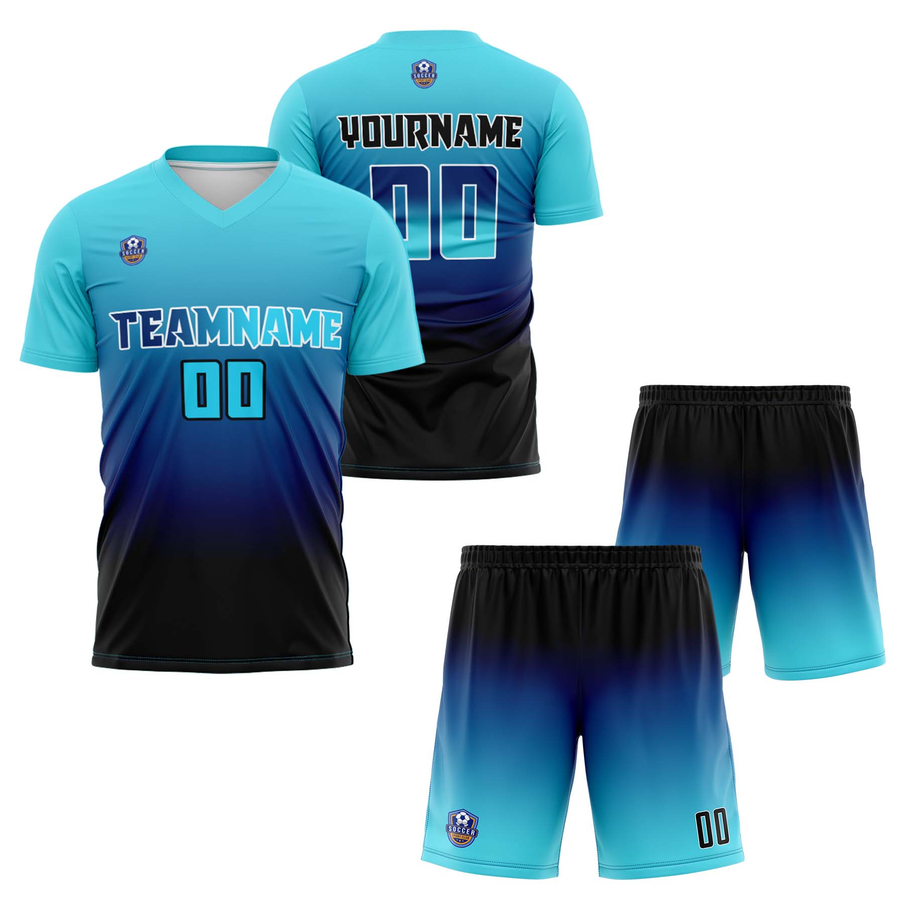 Custom Light Blue Blue Black Gradient Soccer Uniform Set – Personalized Jerseys for Adults & Kids