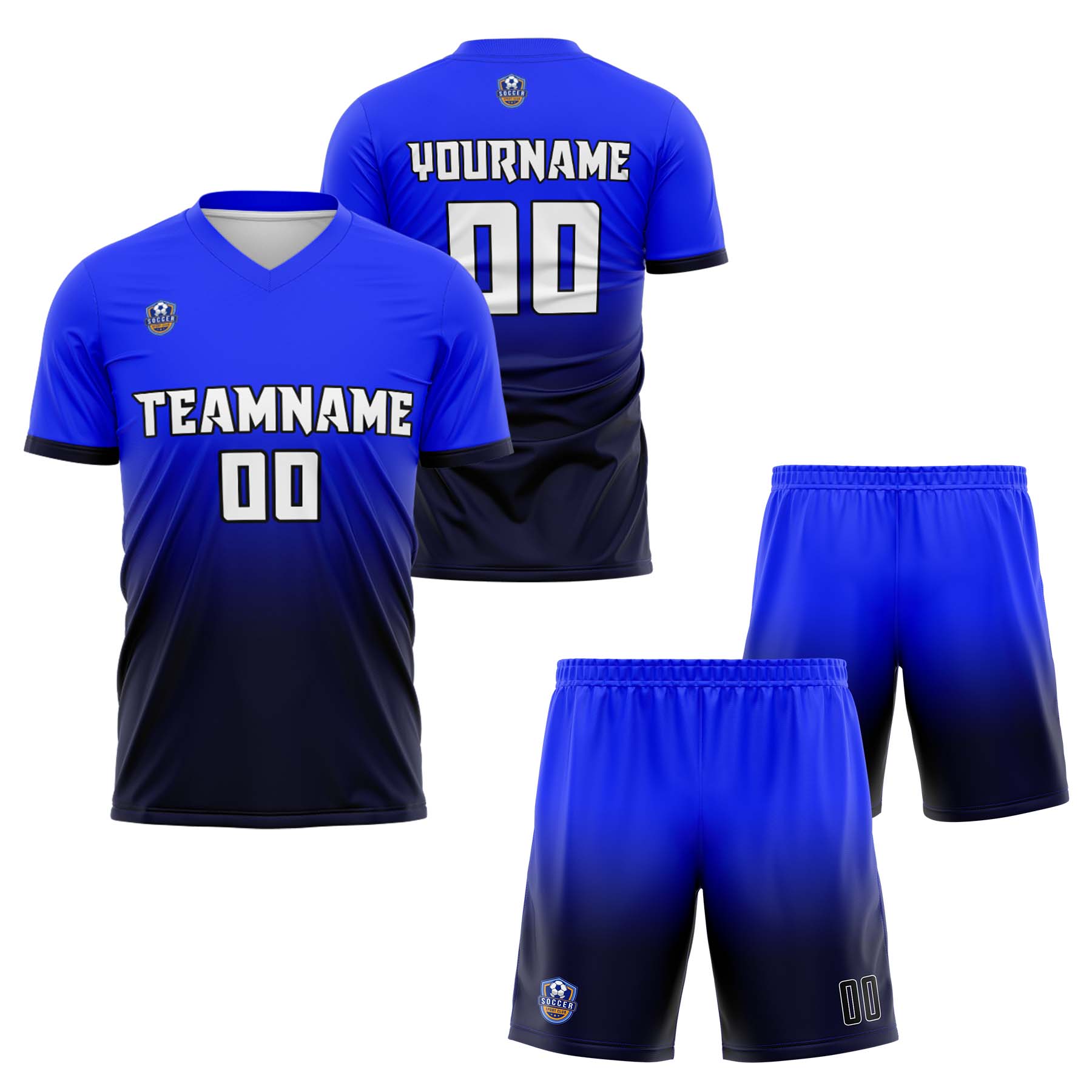 Custom Blue Navy Gradient Soccer Uniform Set – Personalized Jerseys for Adults & Kids