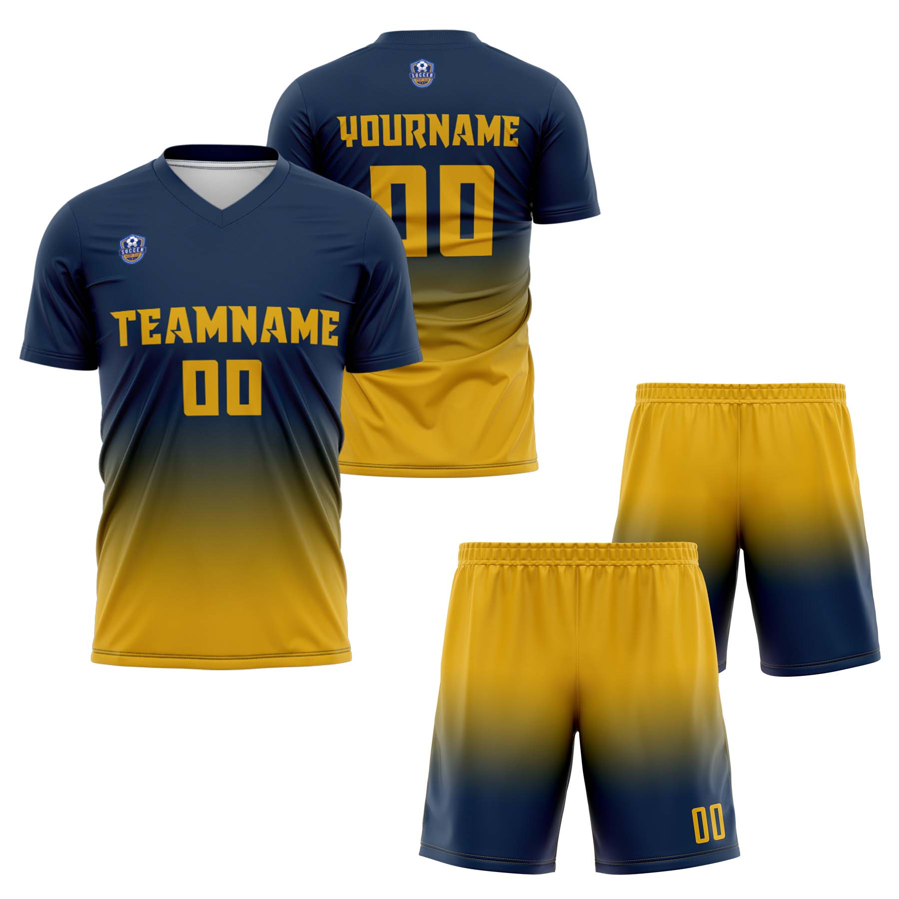 Custom Navy Gold Gradient Soccer Uniform Set – Personalized Jerseys for Adults & Kids