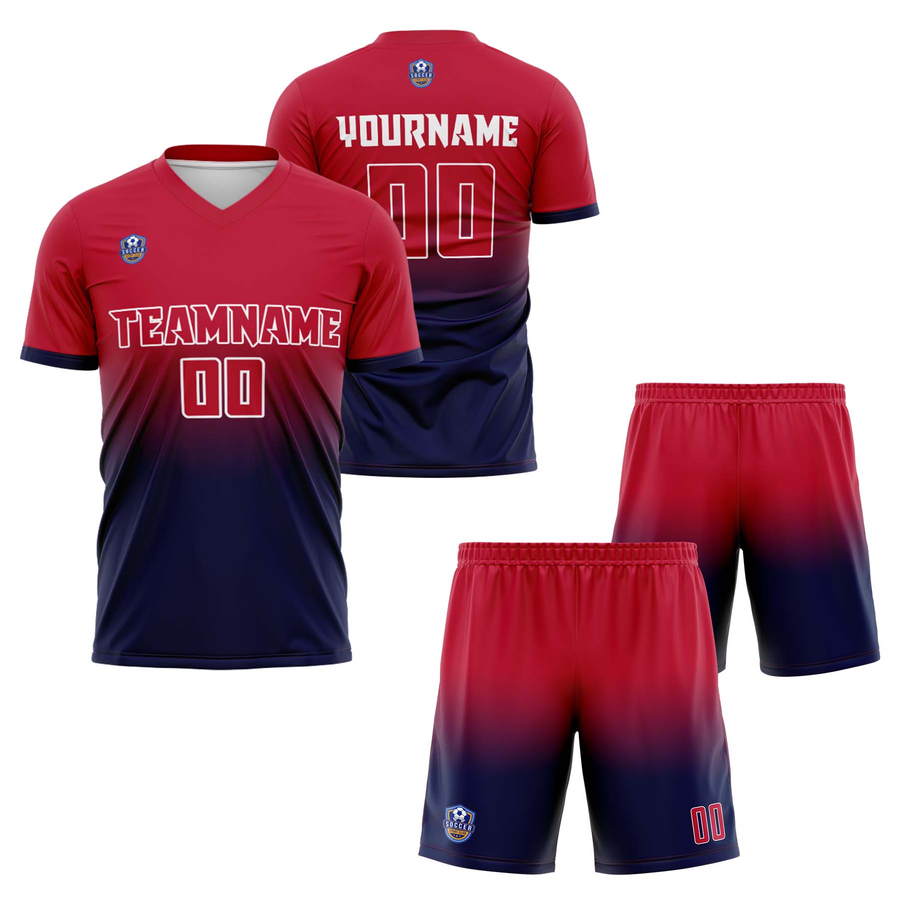 Custom Red Navy Gradient Soccer Uniform Set – Personalized Jerseys for Adults & Kid