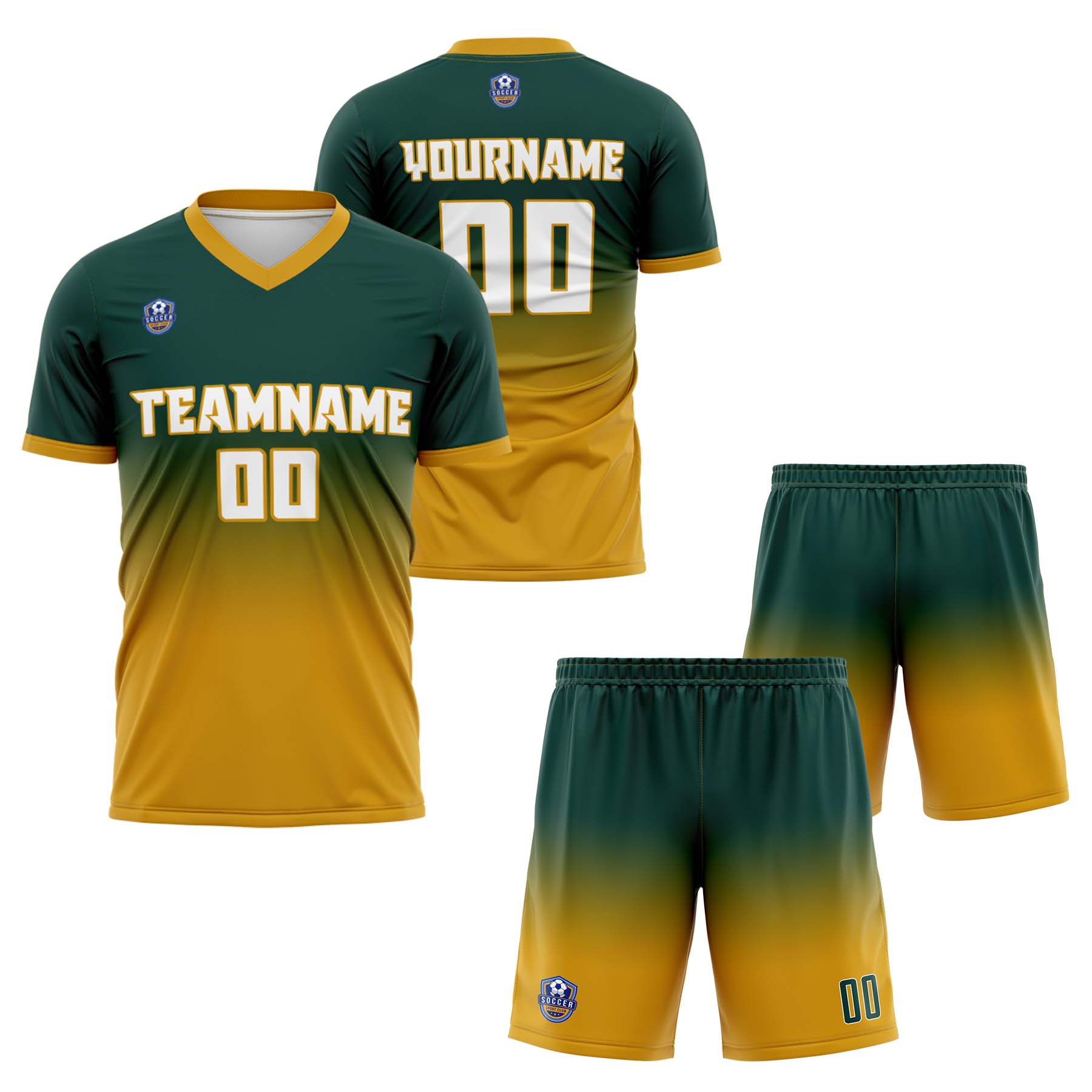 Custom Deep Teal Gold Gradient Soccer Uniform Set – Personalized Jerseys for Adults & Kids
