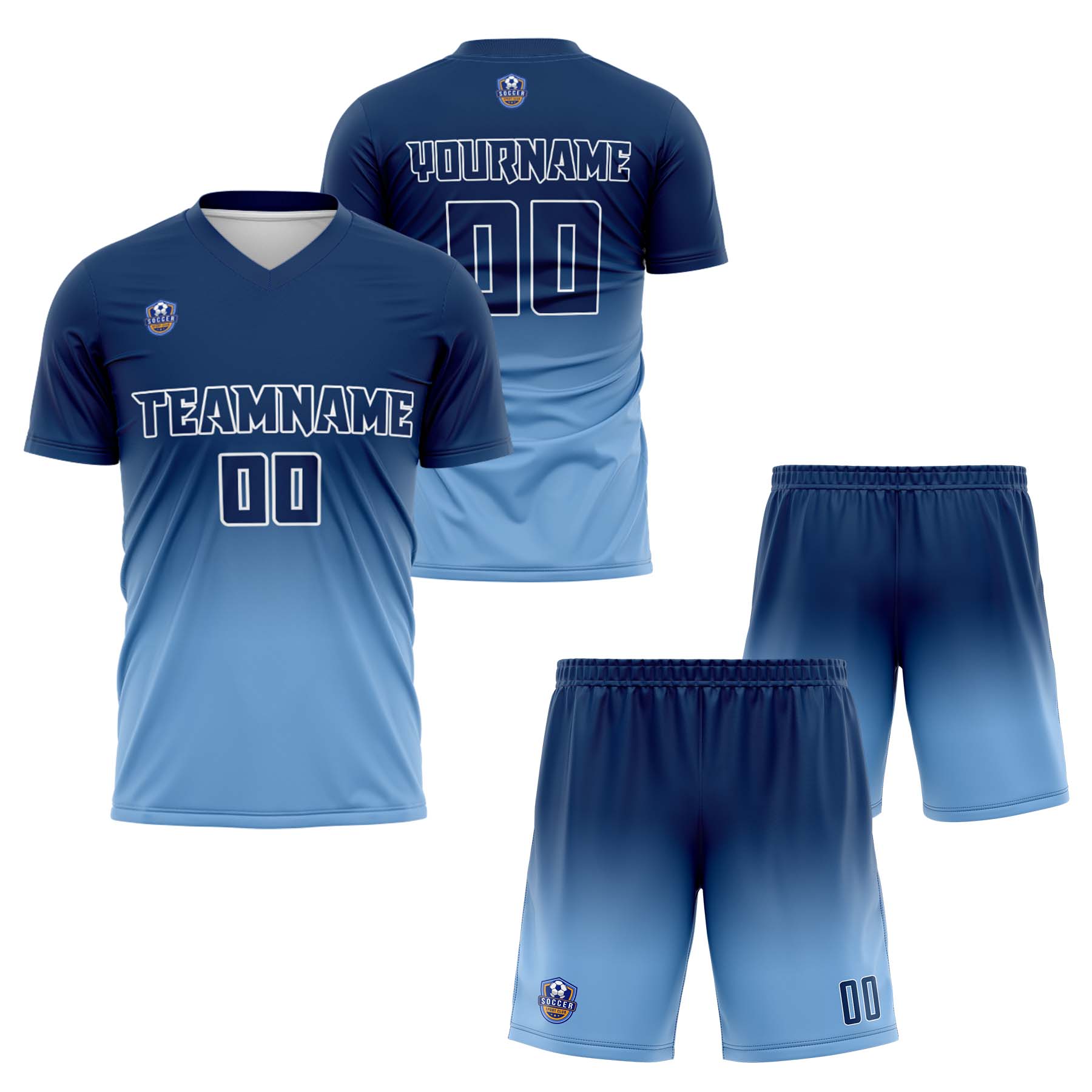 Custom Navy Light Blue Gradient Soccer Uniform Set – Personalized Jerseys for Adults & Kids