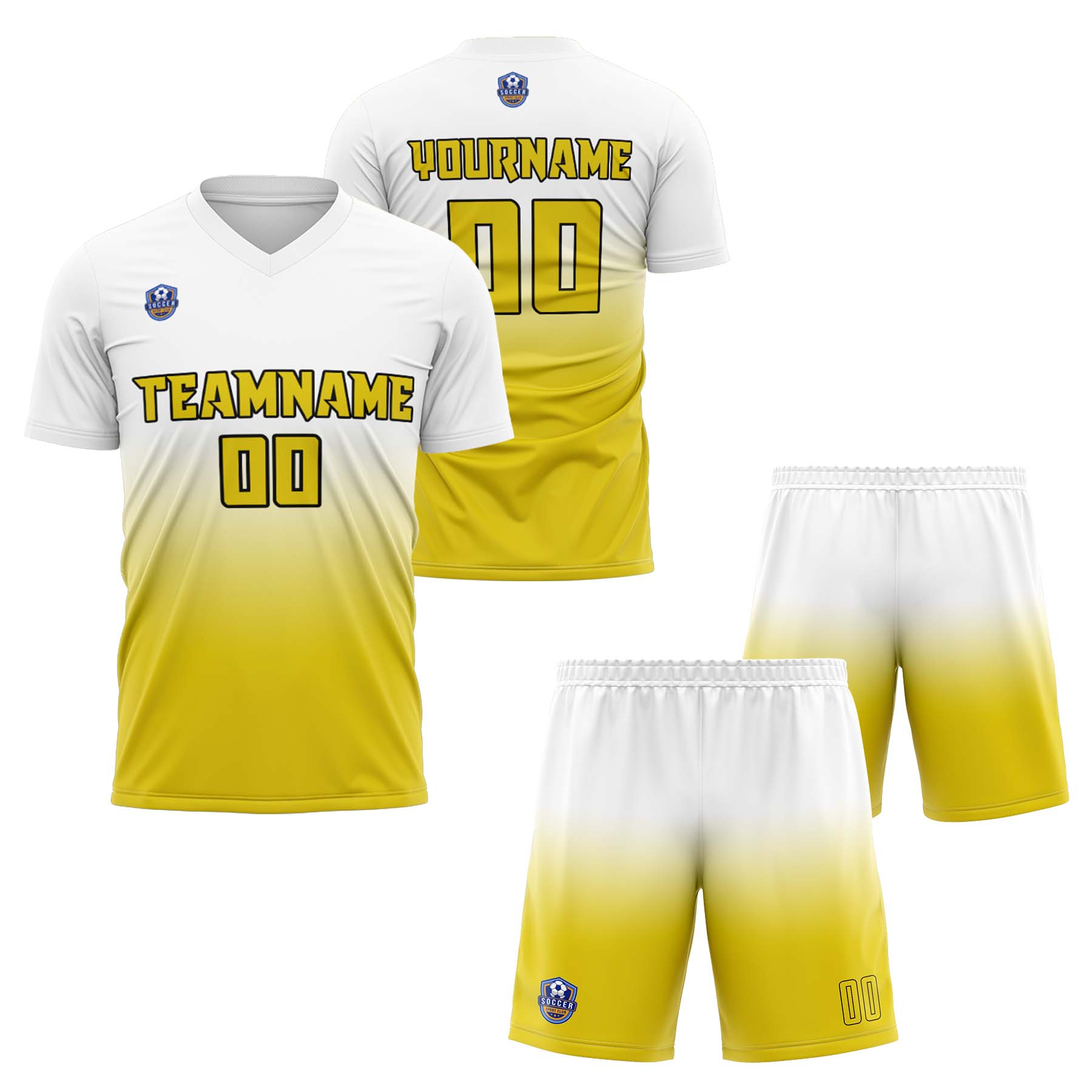 Custom White Yellow Gradient Soccer Uniform Set – Personalized Jerseys for Adults & Kid