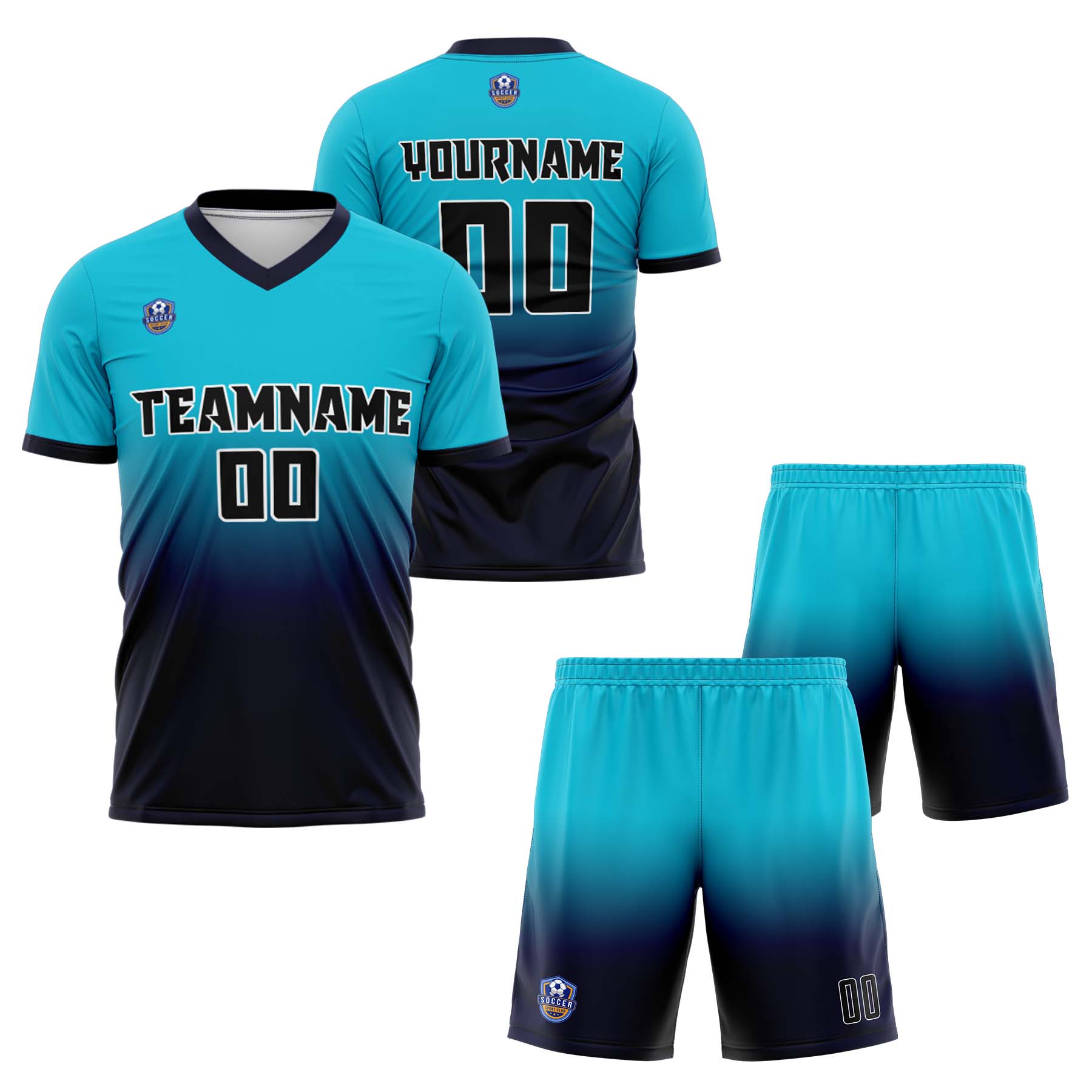 Custom Cyan Navy Gradient Soccer Uniform Set – Personalized Jerseys for Adults & Kids