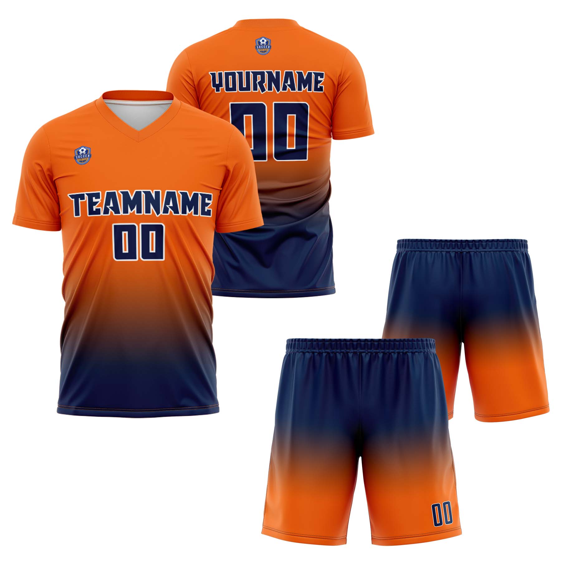 Custom Orange Navy Gradient Soccer Uniform Set – Personalized Jerseys for Adults & Kid