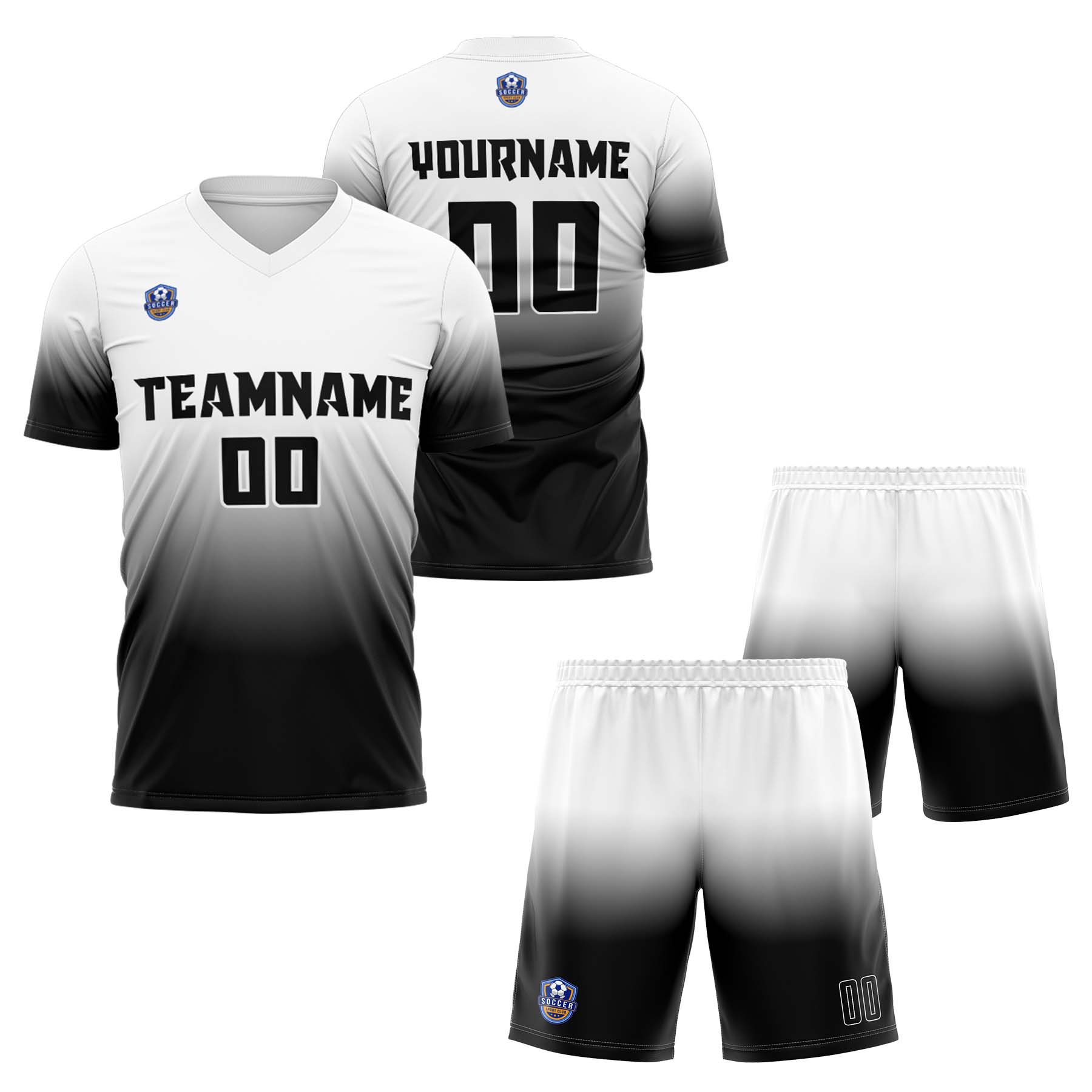 Custom White Black Gradient Soccer Uniform Set – Personalized Jerseys for Adults & Kid