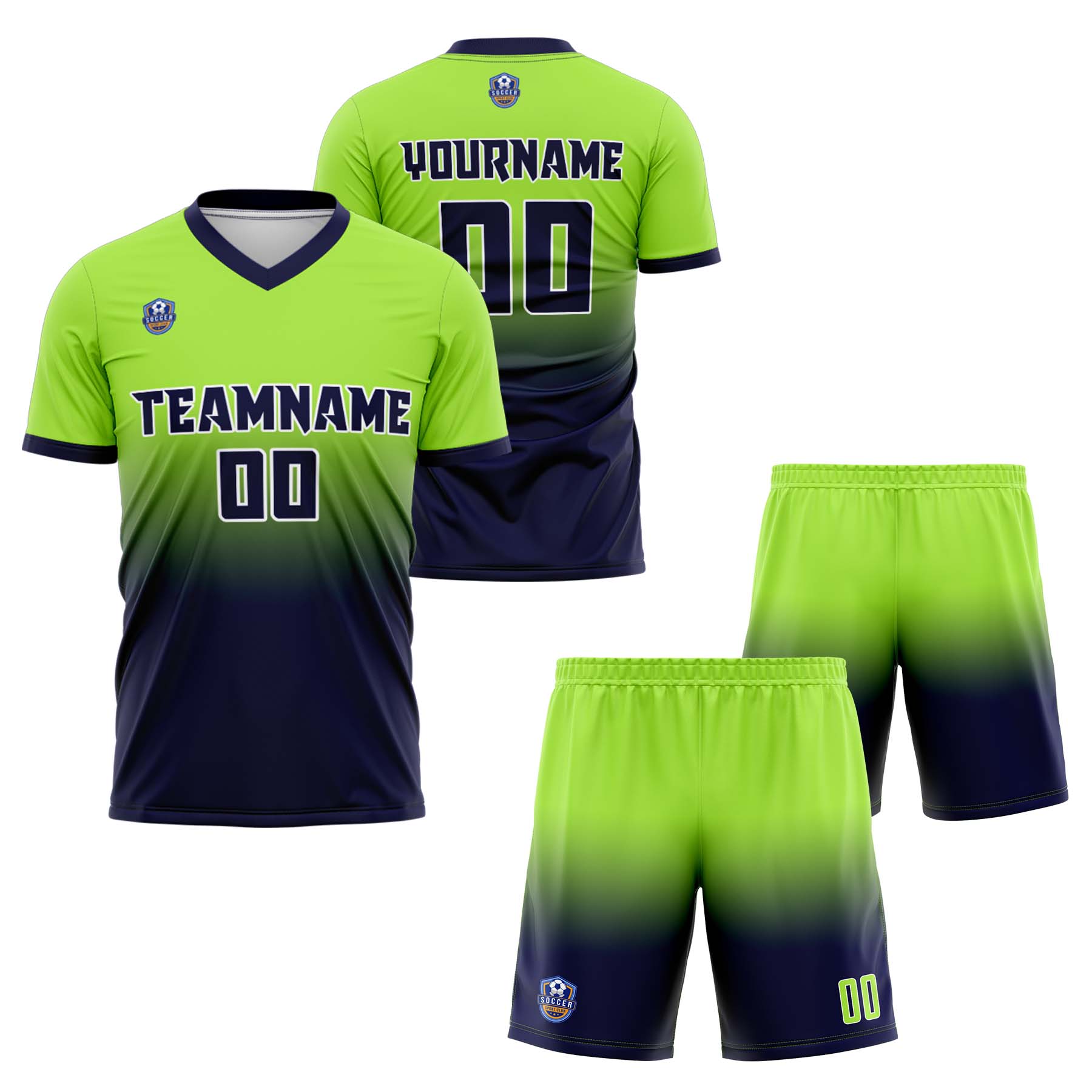 Custom Lime Green Navy Gradient Soccer Uniform Set – Personalized Jerseys for Adults & Kids