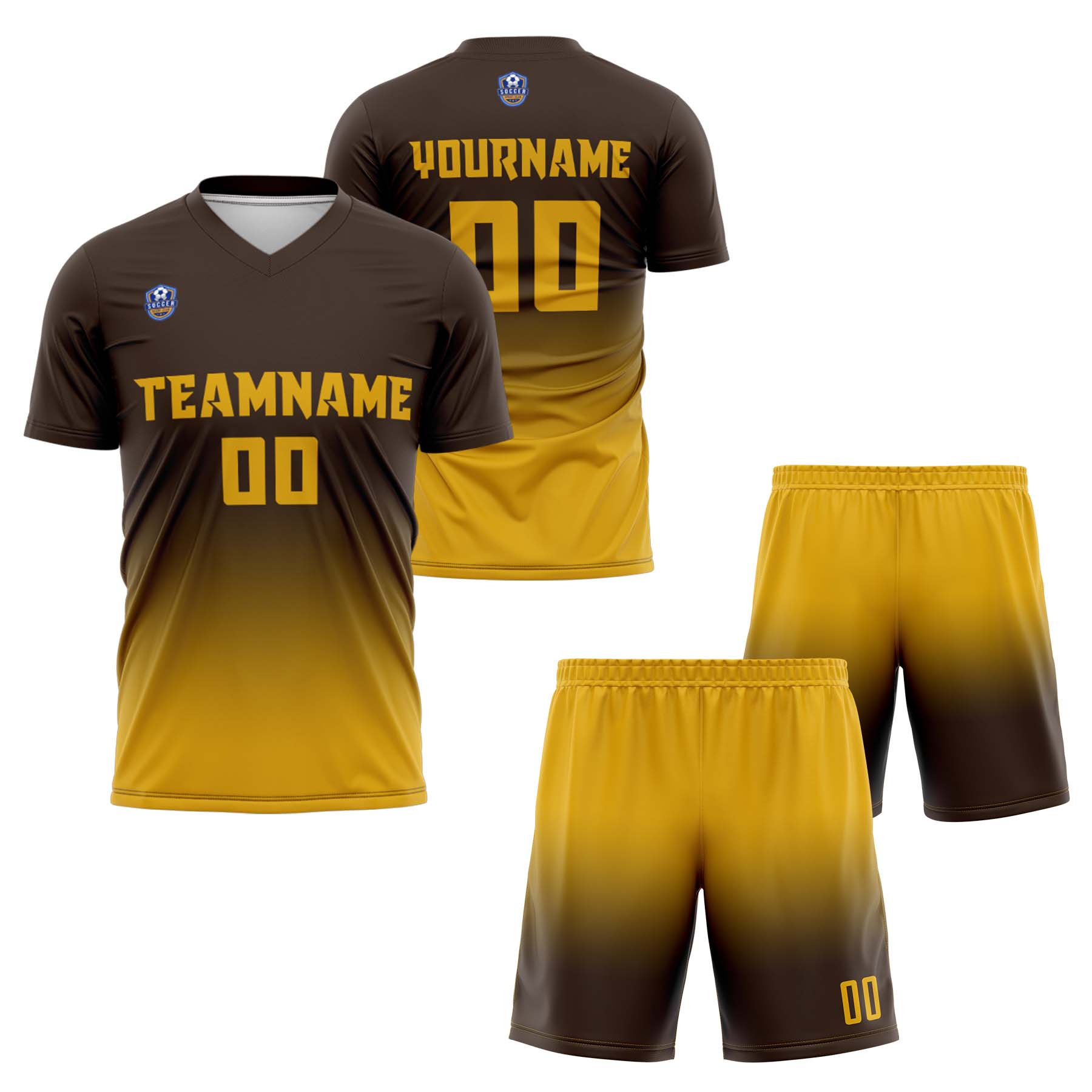 Custom Brown Gold Gradient Soccer Uniform Set – Personalized Jerseys for Adults & Kids