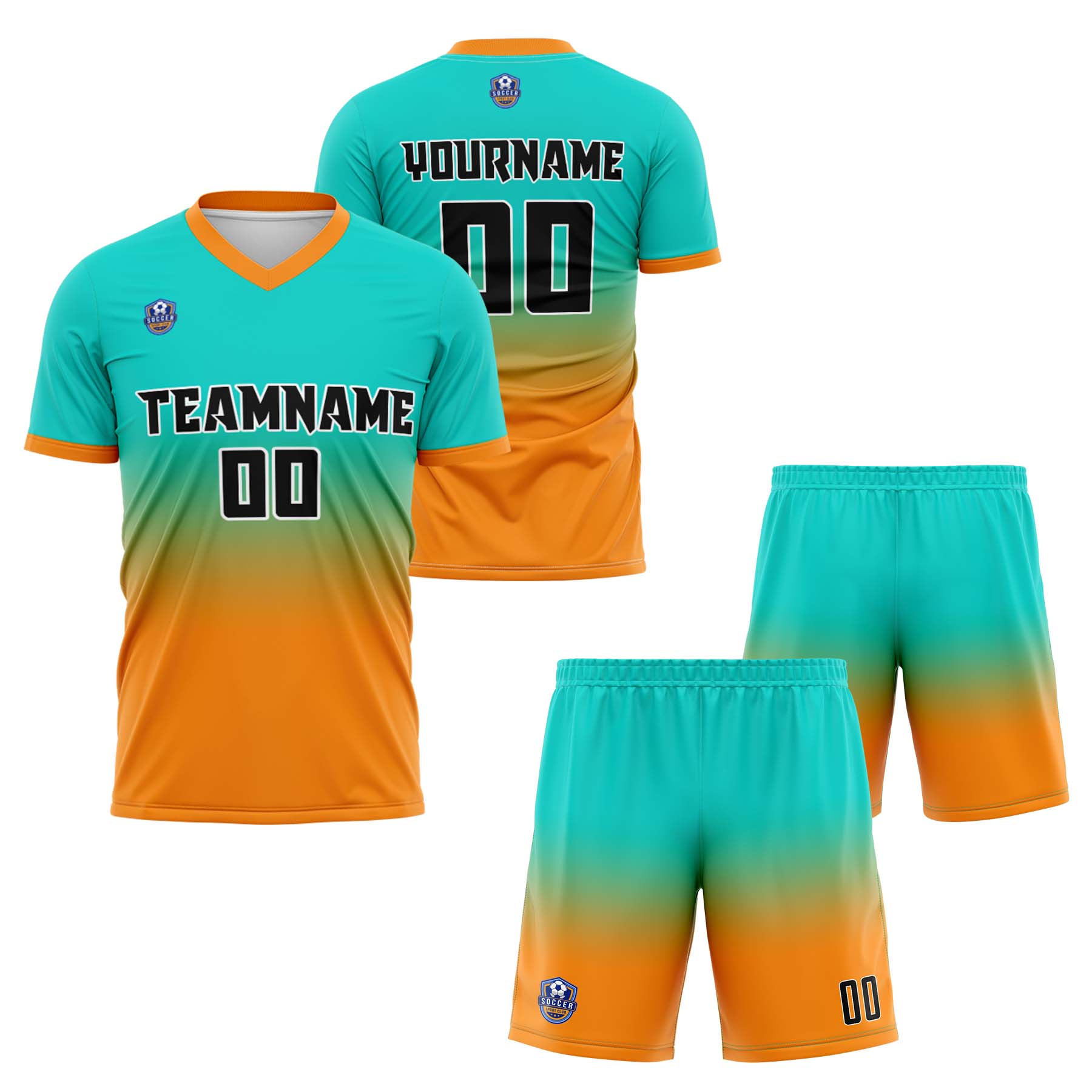 Custom Aqua Orange Gradient Soccer Uniform Set – Personalized Jerseys for Adults & Kids