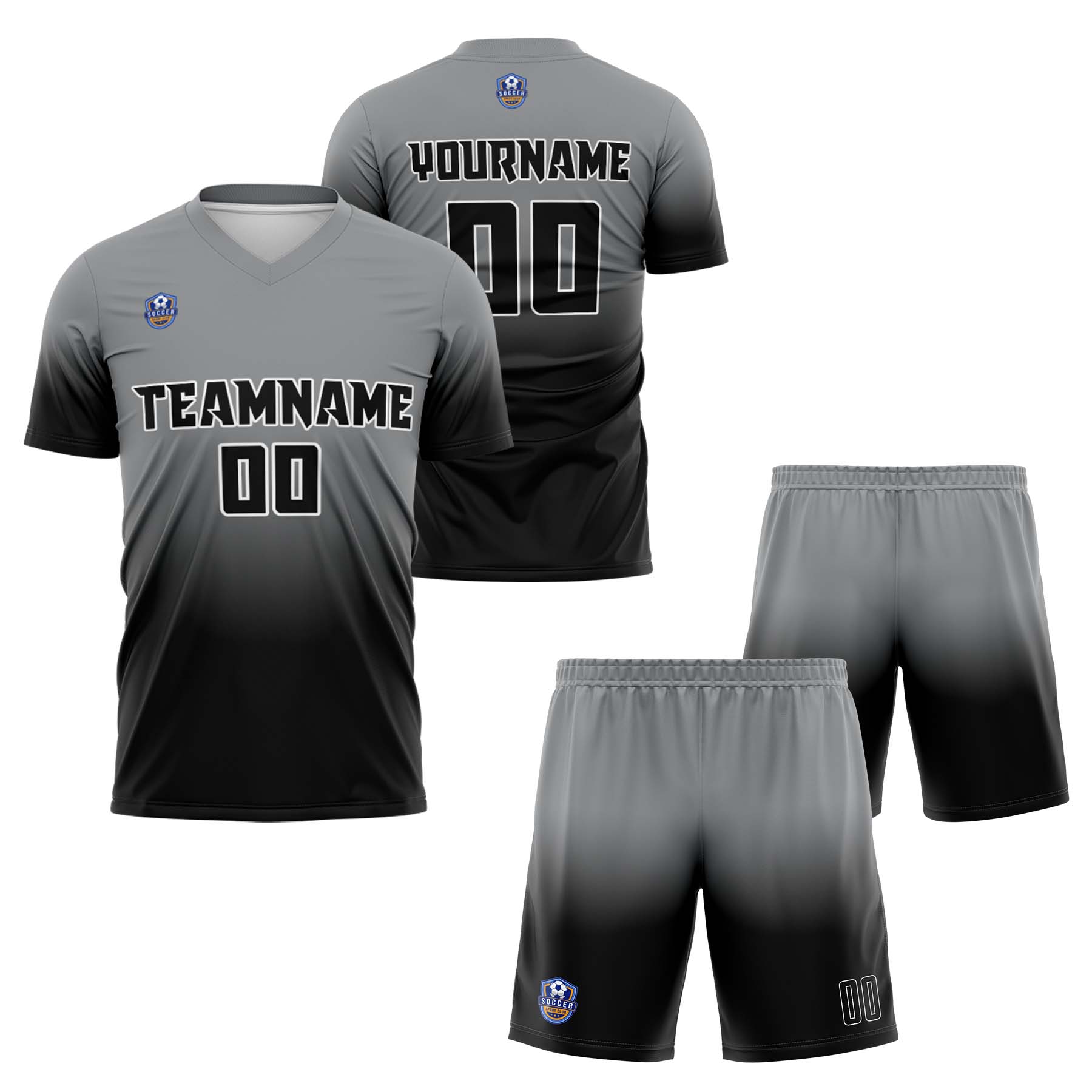 Custom Gray Black Gradient Soccer Uniform Set – Personalized Jerseys for Adults & Kids
