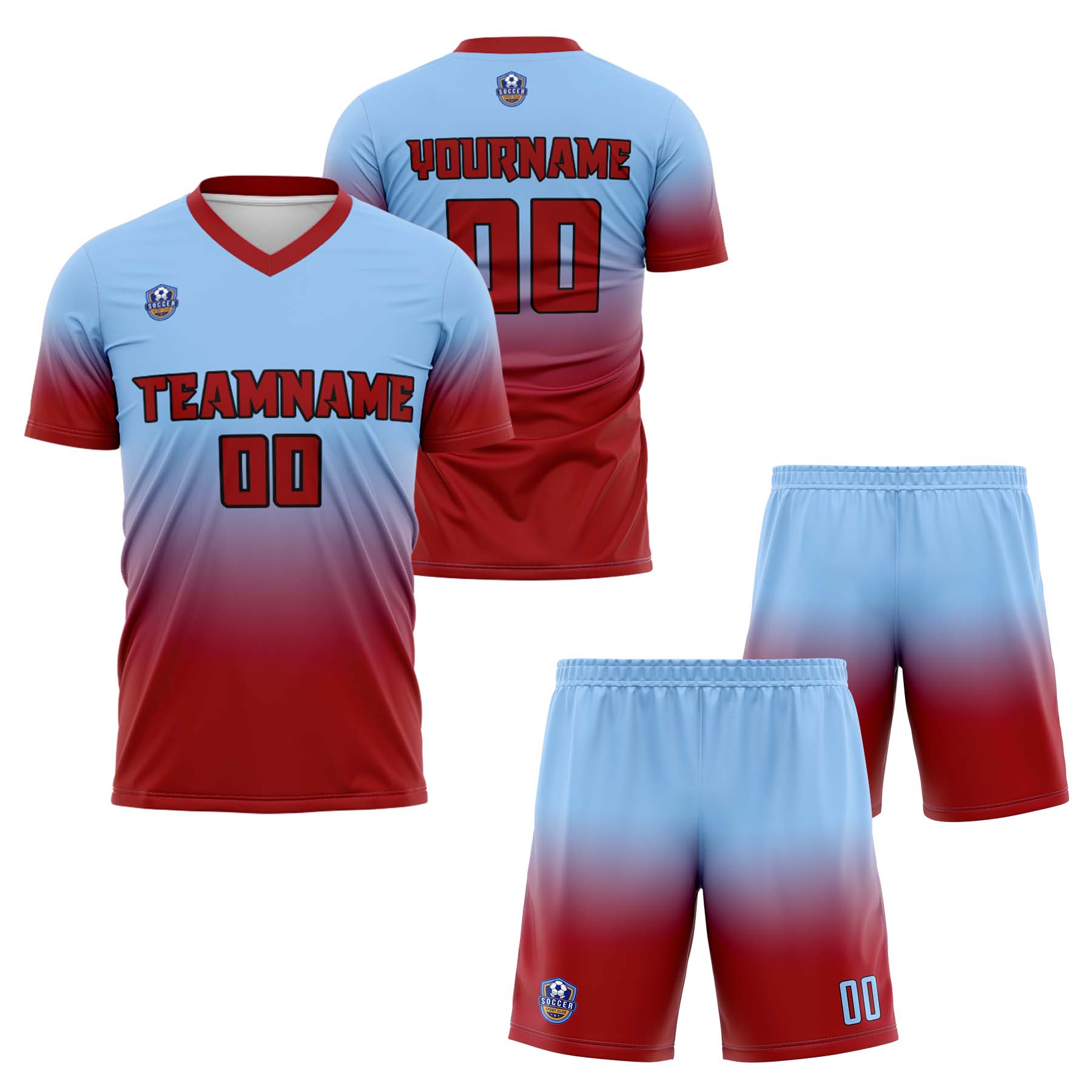 Custom Light Blue Red Gradient Soccer Uniform Set – Personalized Jerseys for Adults & Kids