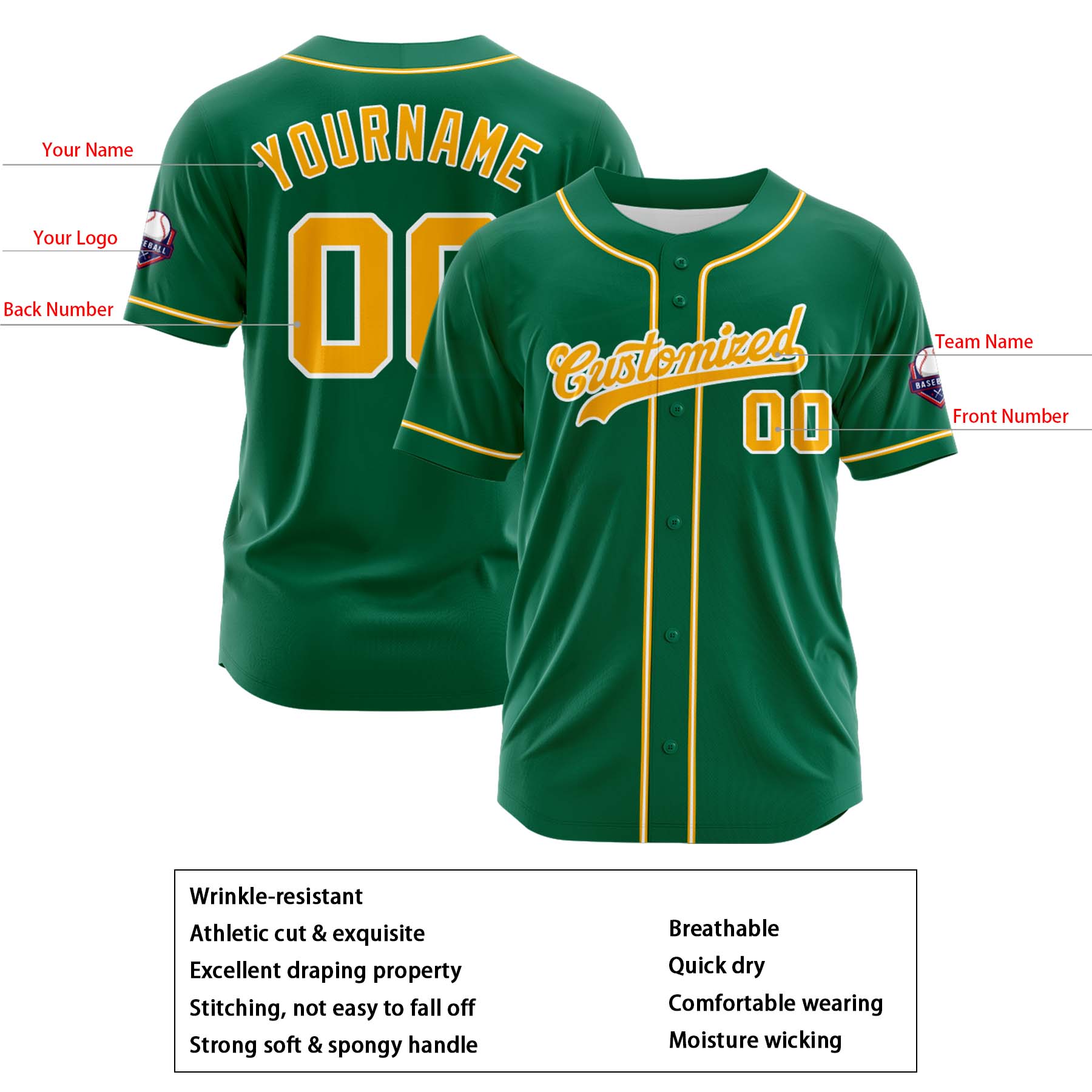 Custom Personalized Green Yellow White Fashion Design Full Button Authentic Baseball Jersey