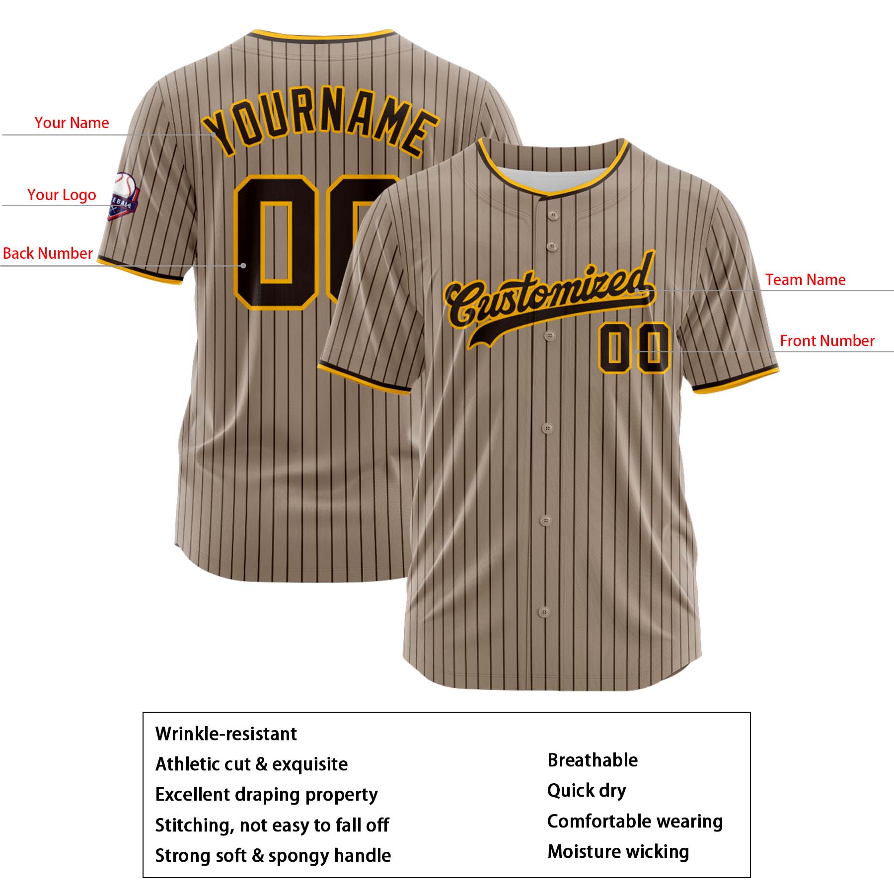 Custom Personalized Brown Black Stripe Fashion Design Full Button Authentic Baseball Jersey