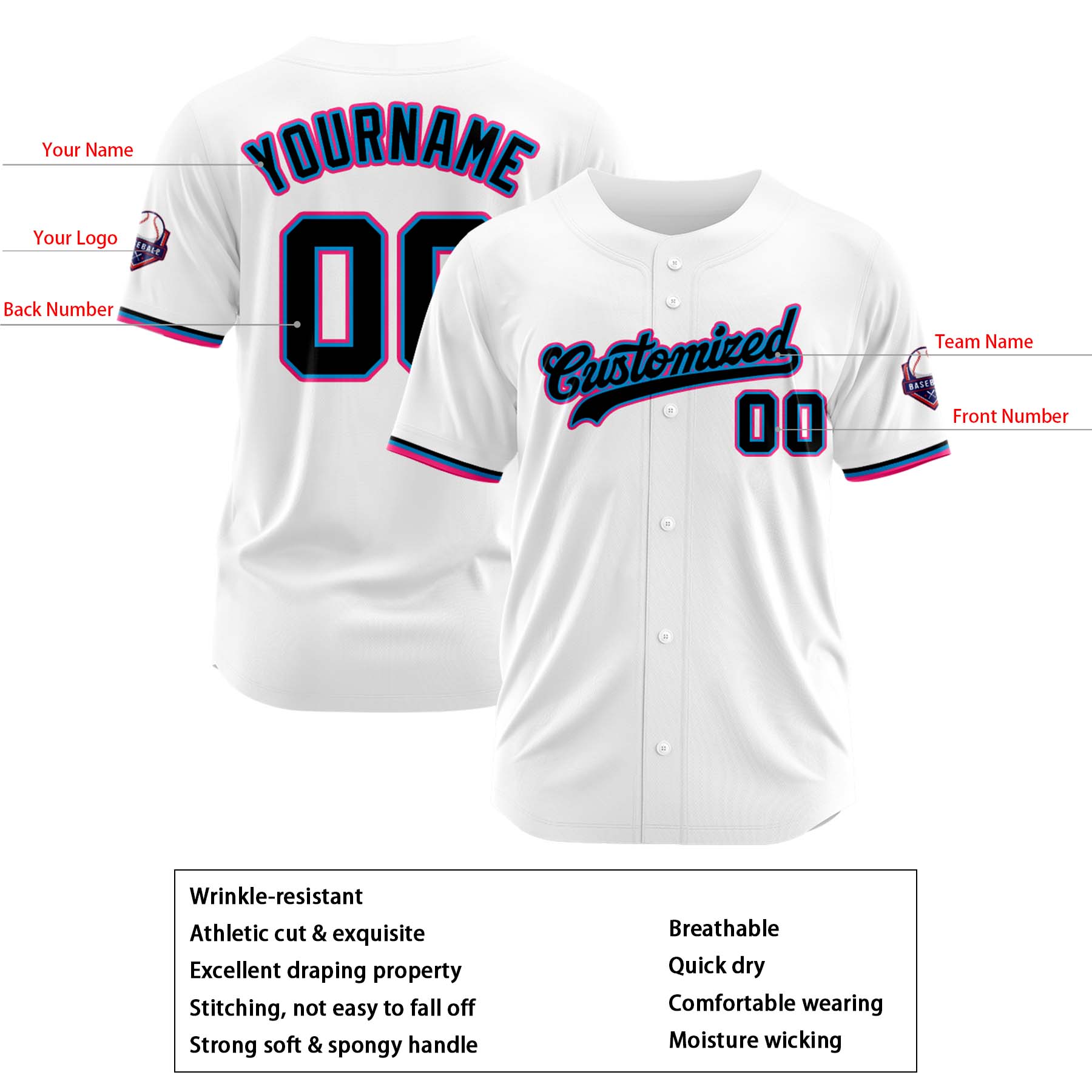 Custom Personalized White Black Fashion Design Full Button Authentic Baseball Jersey