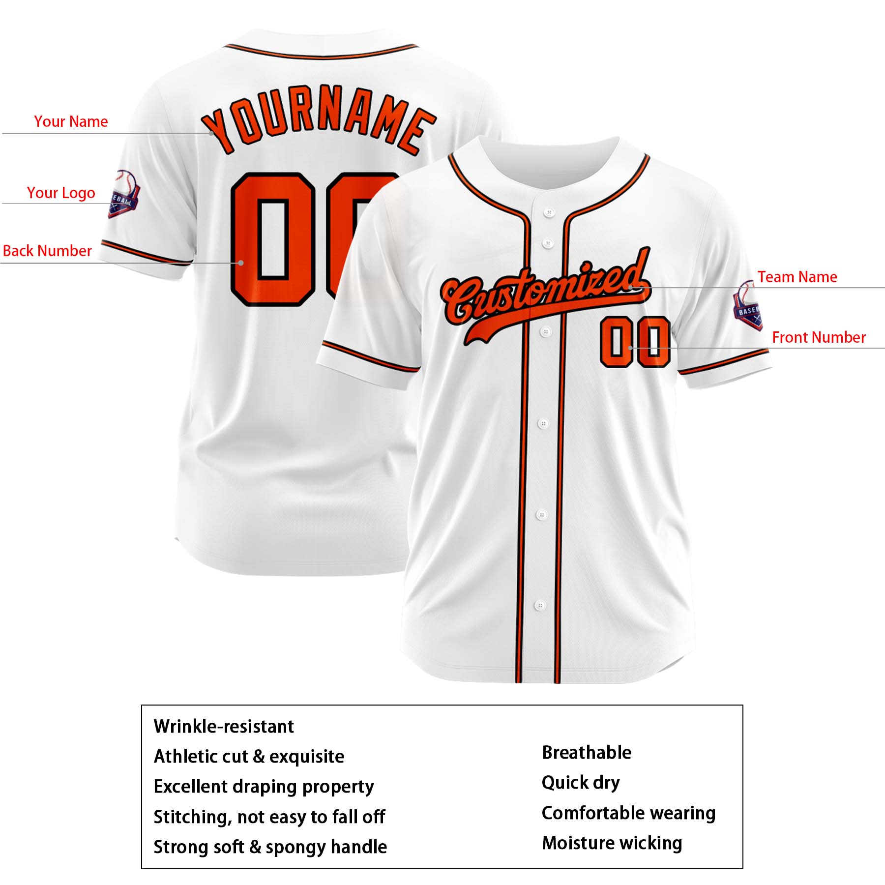Custom Personalized White Orange Black Fashion Design Full Button Authentic Baseball Jersey