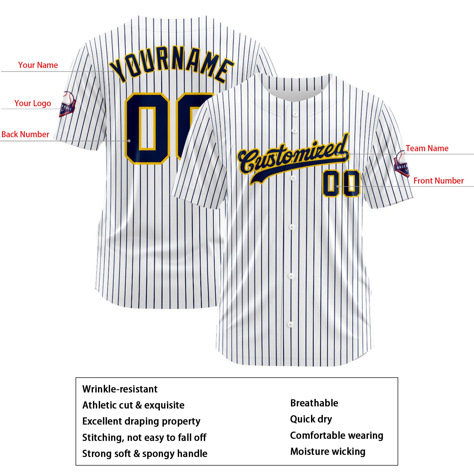 Custom Personalized White Black Stripe Fashion Design Full Button Authentic Baseball Jersey