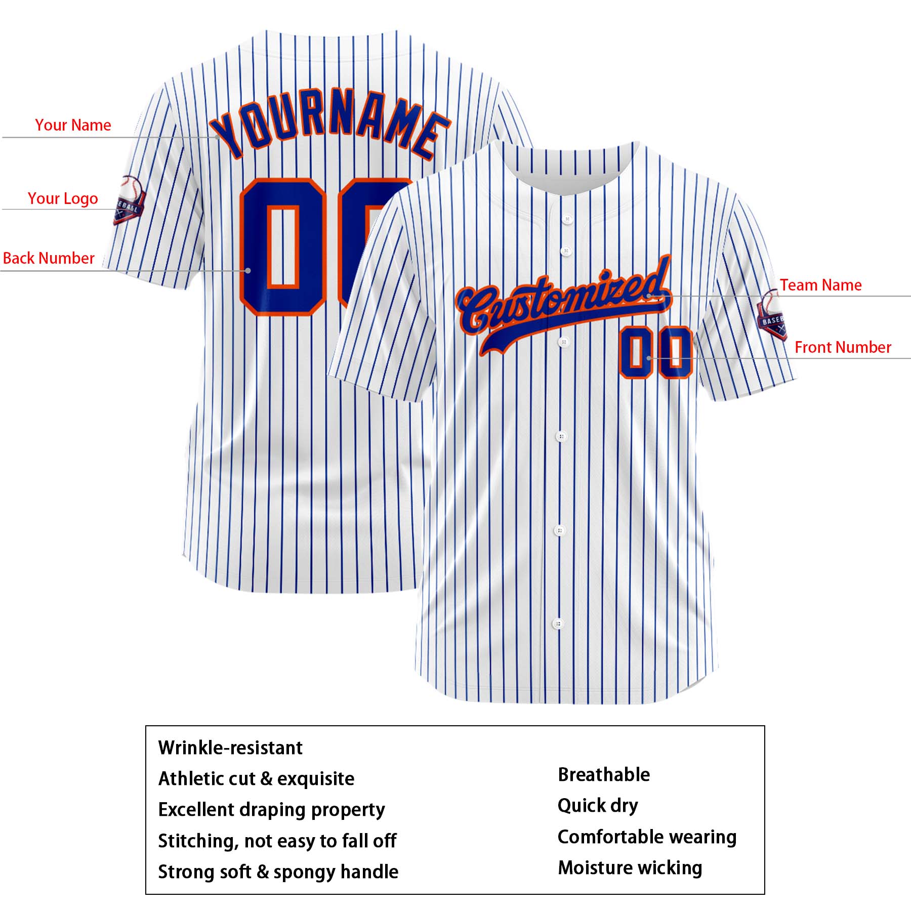 Custom Personalized White Blue Stripe Fashion Design Full Button Authentic Baseball Jersey