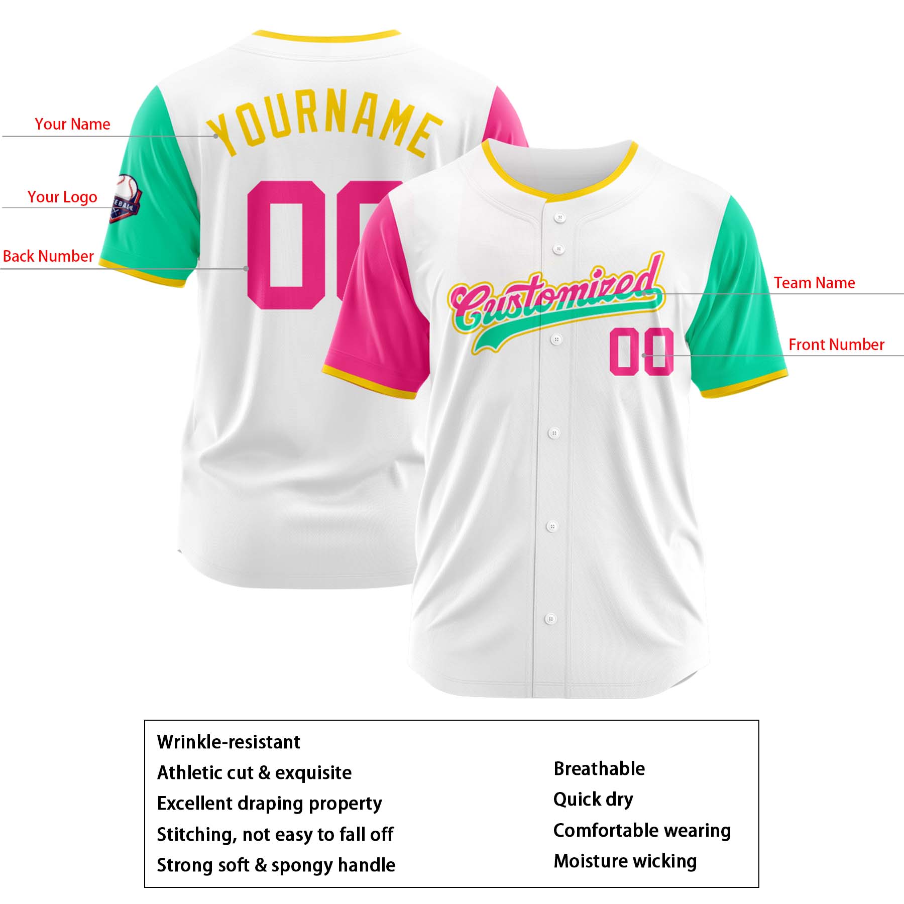 Custom Personalized White Pink Fashion Design Full Button Authentic Baseball Jersey