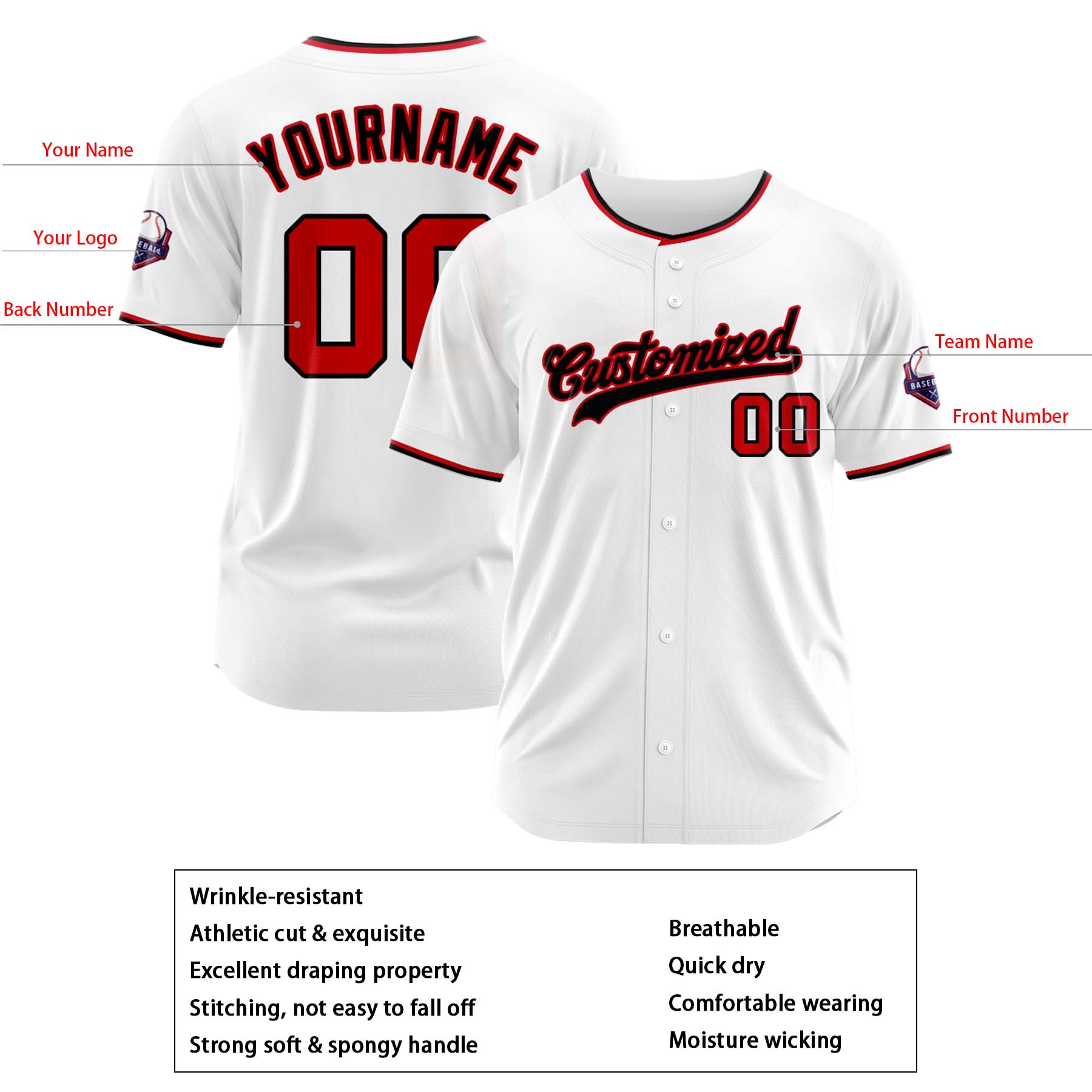 Custom Personalized White Black Red Fashion Design Full Button Authentic Baseball Jersey