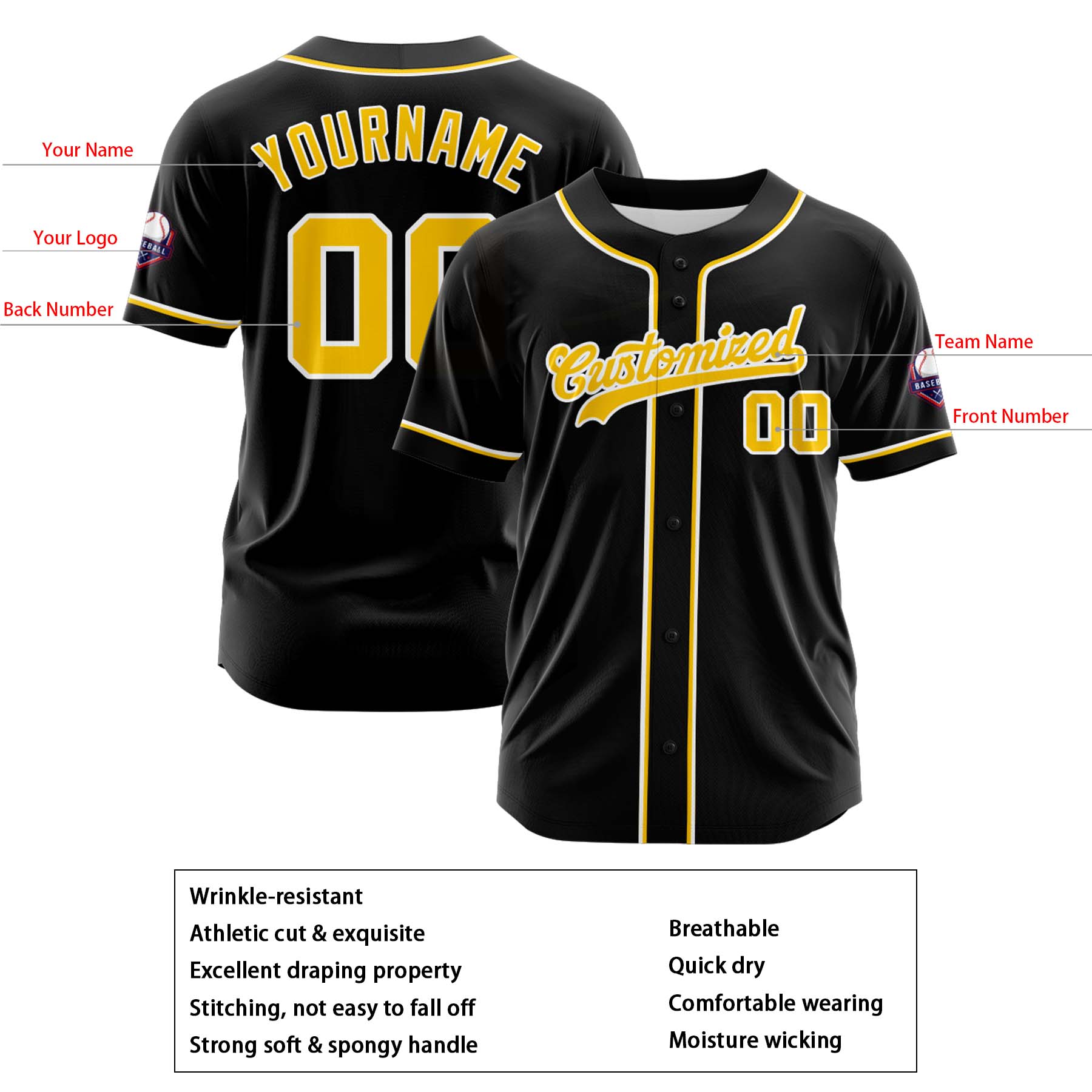 Custom Personalized Black Yellow Fashion Design Full Button Authentic Baseball Jersey
