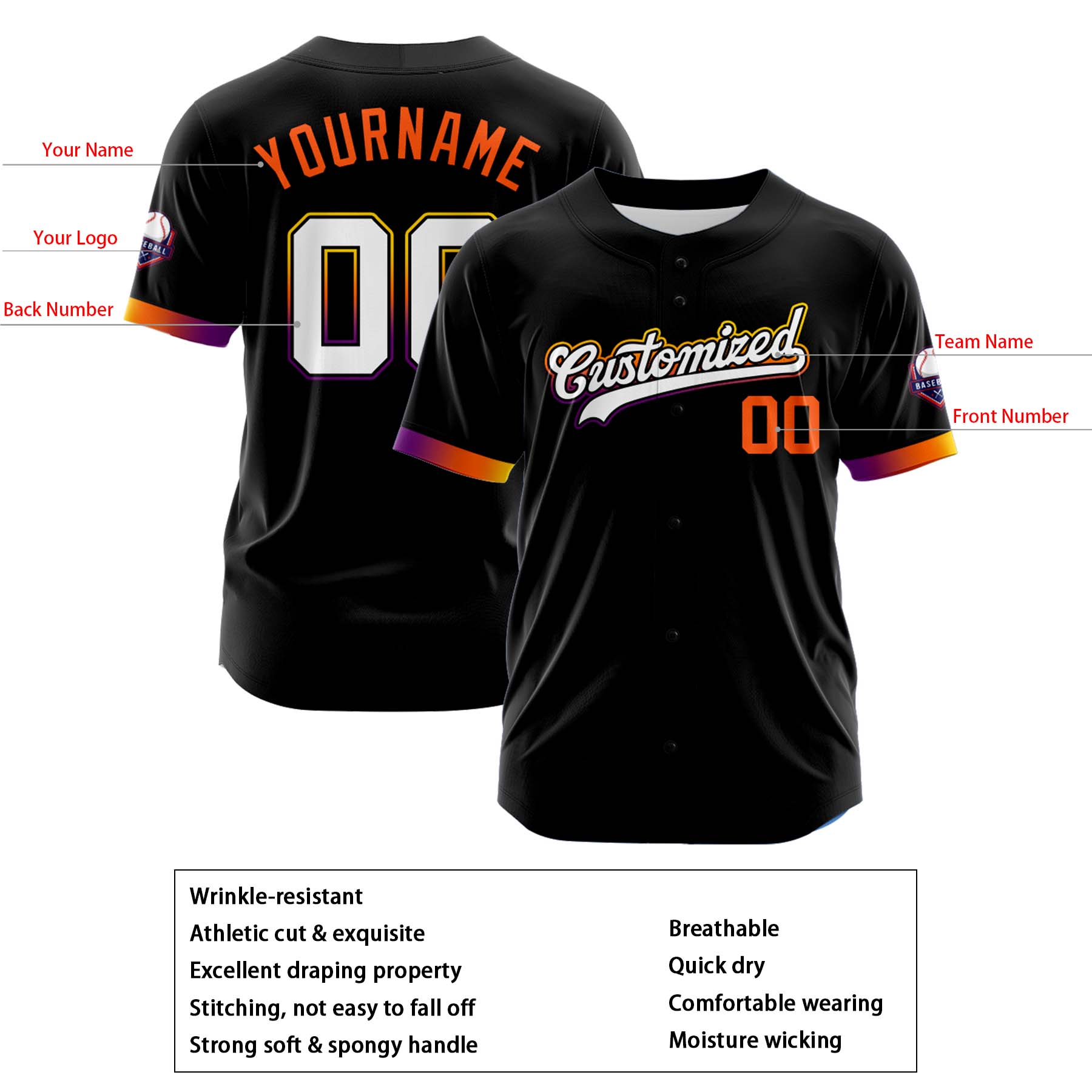 Custom Personalized Black White Orange Fashion Design Full Button Authentic Baseball Jersey