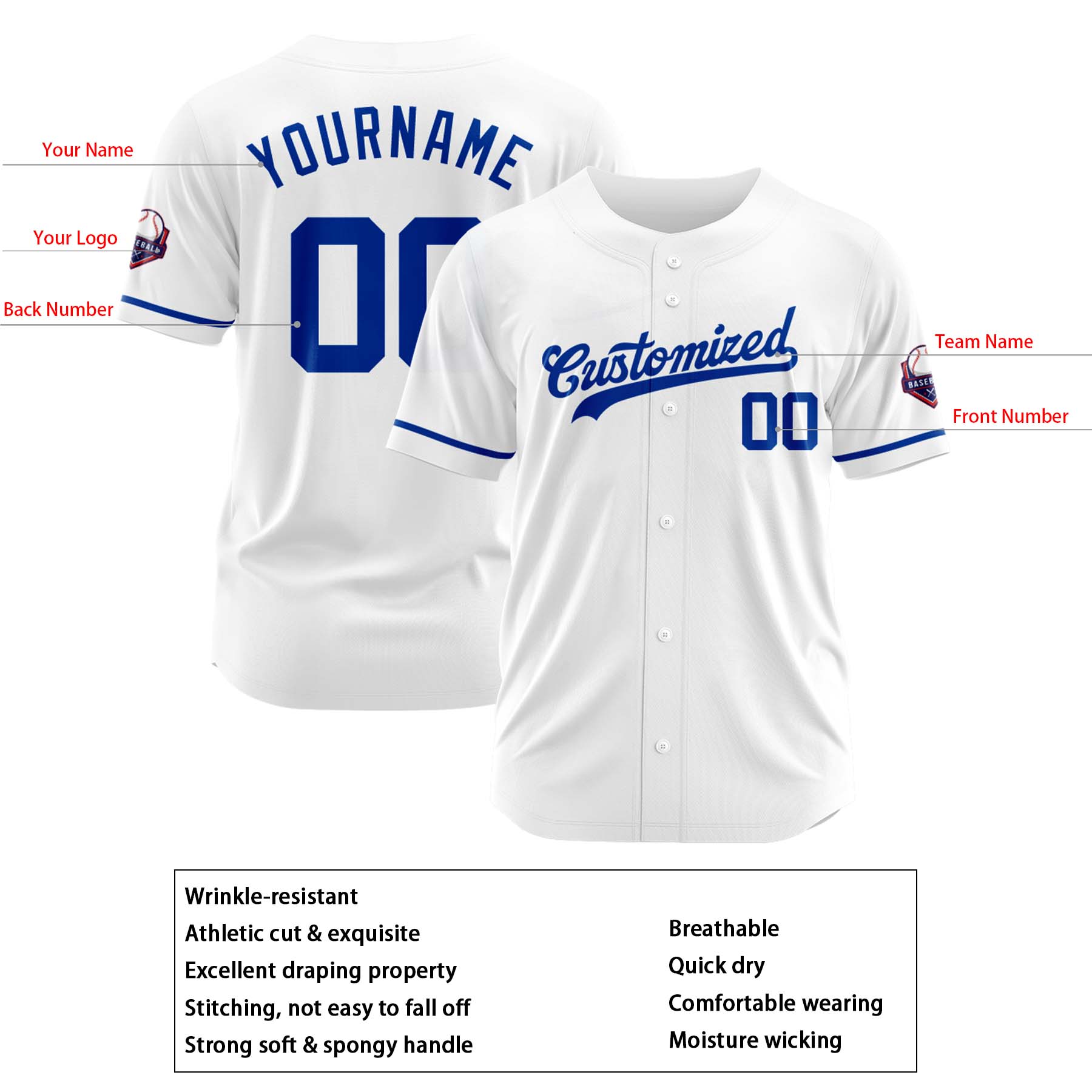 Custom Personalized White Blue  Fashion Design Full Button Authentic Baseball Jersey