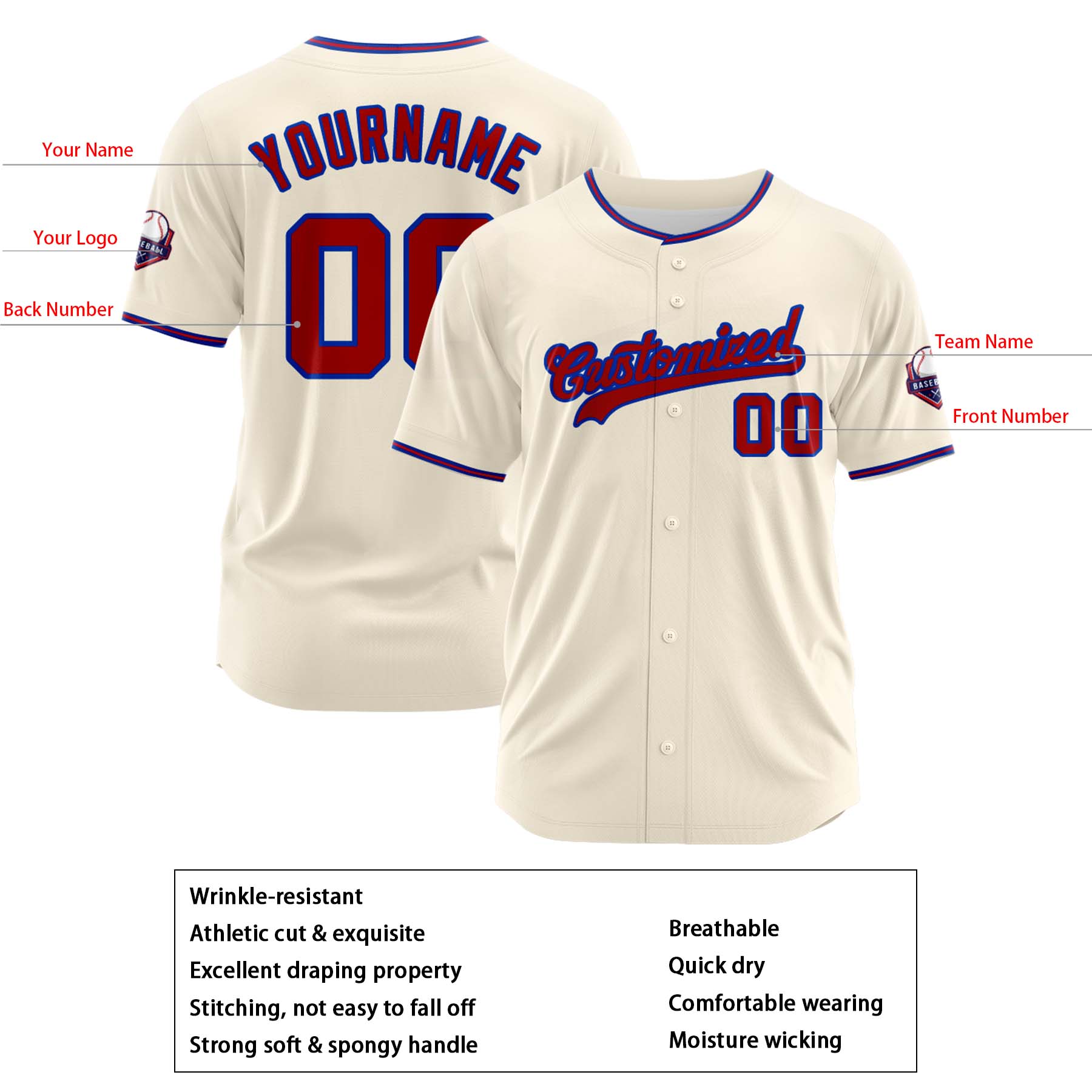 Custom Personalized Cream Red Fashion Design Full Button Authentic Baseball Jersey