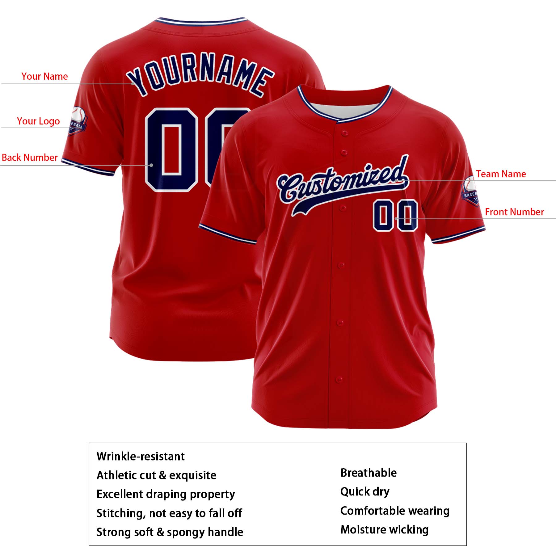 Custom Personalized Red Navy Fashion Design Full Button Authentic Baseball Jersey
