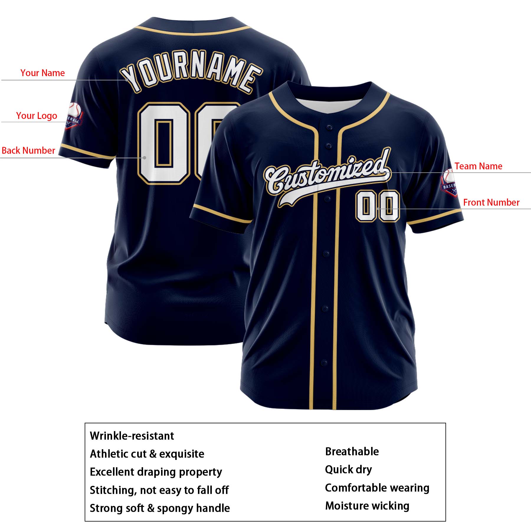 Custom Personalized Navy White Yellow Fashion Design Full Button Authentic Baseball Jersey