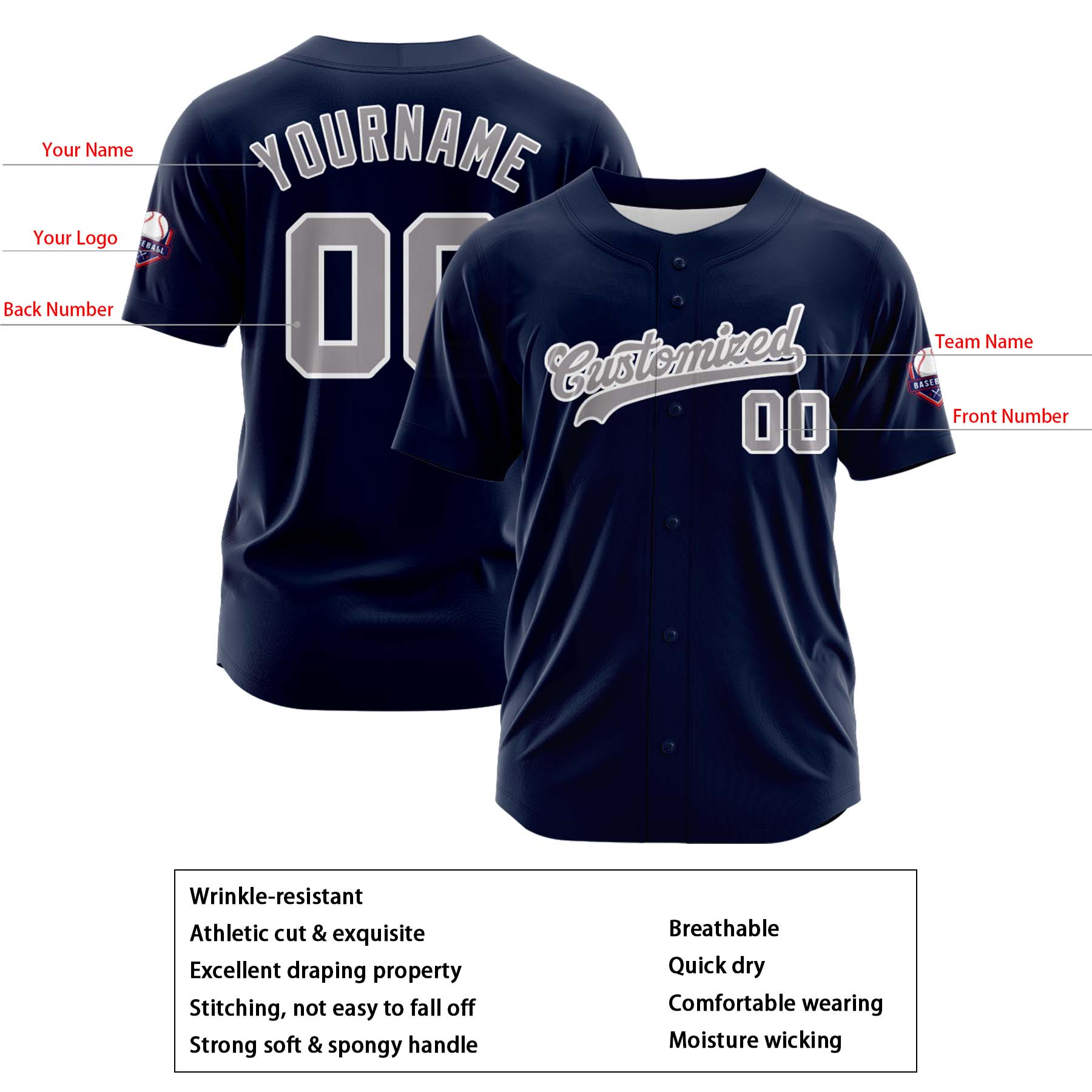 Custom Personalized Navy Gray Fashion Design Full Button Authentic Baseball Jersey