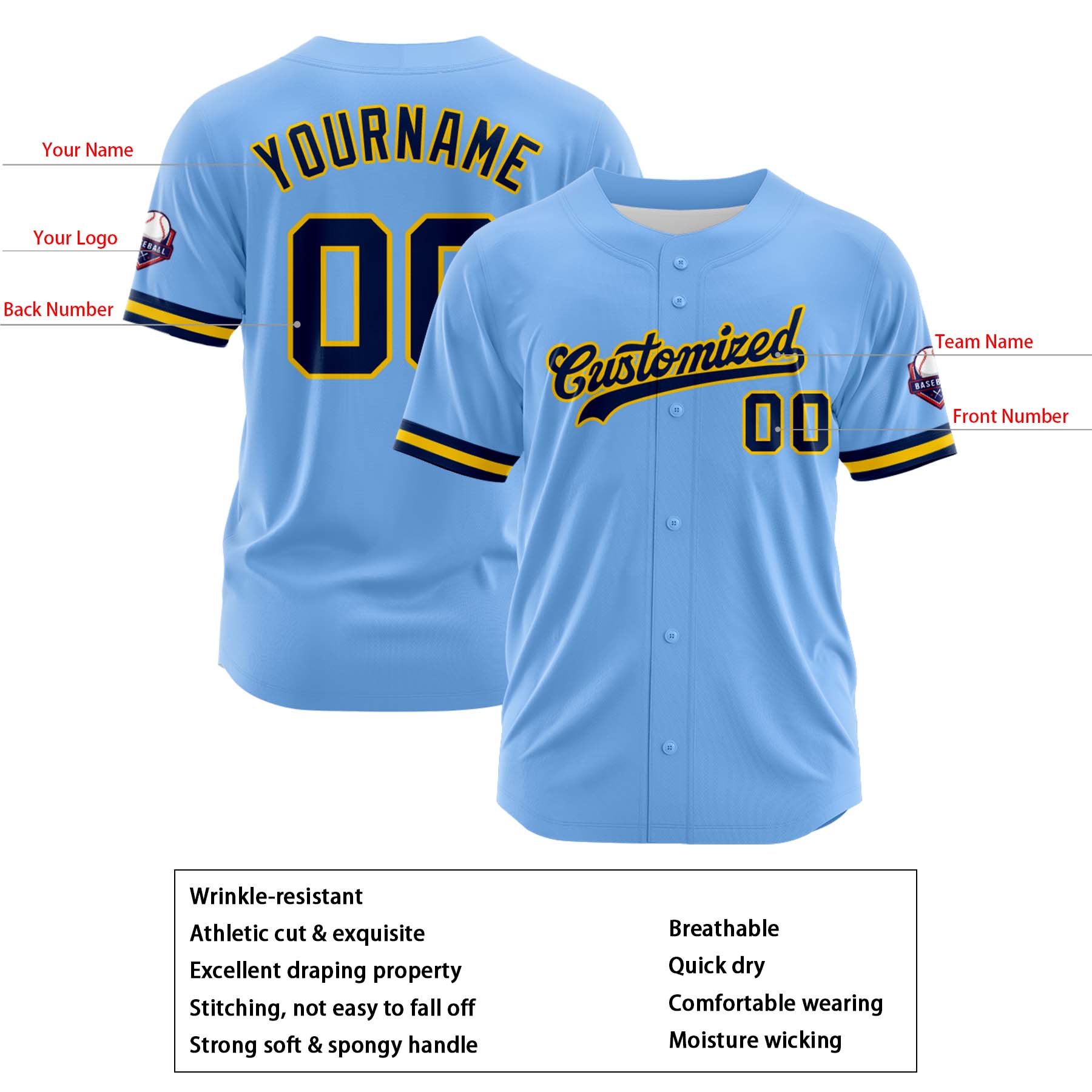 Custom Personalized Light Blue Navy Fashion Design Full Button Authentic Baseball Jersey