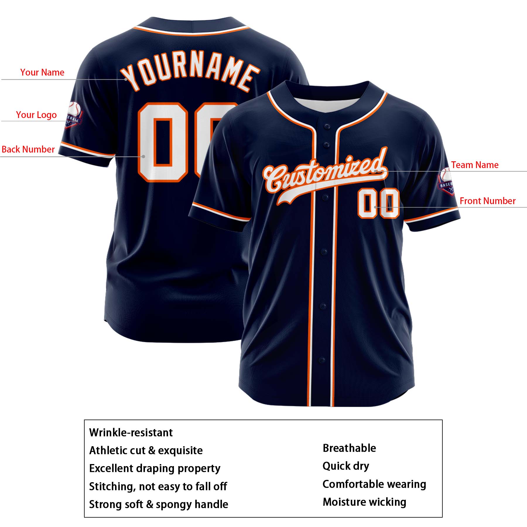 Custom Personalized Navy White Orange Fashion Design Full Button Authentic Baseball Jersey