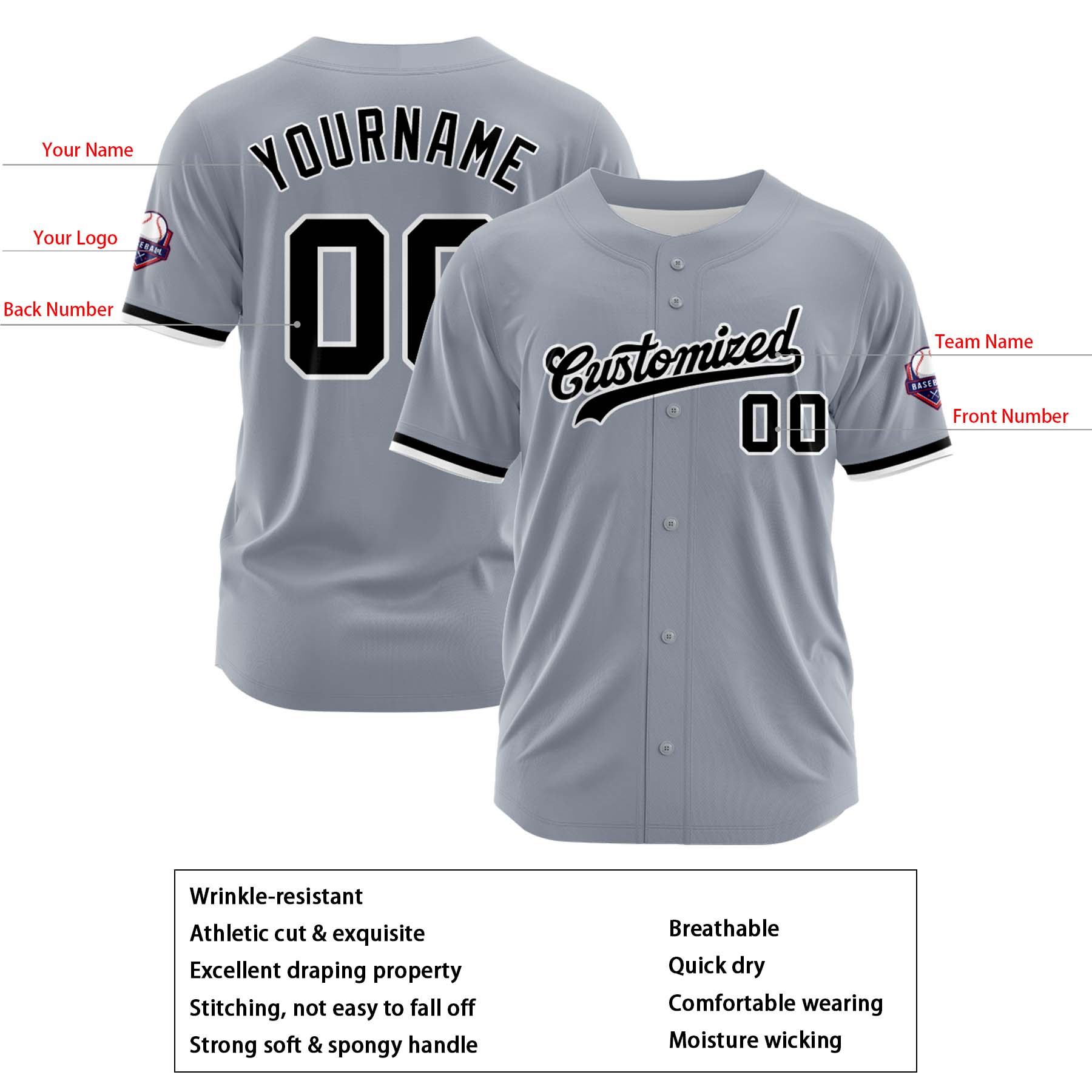 Custom Personalized Gray Black Fashion Design Full Button Authentic Baseball Jersey