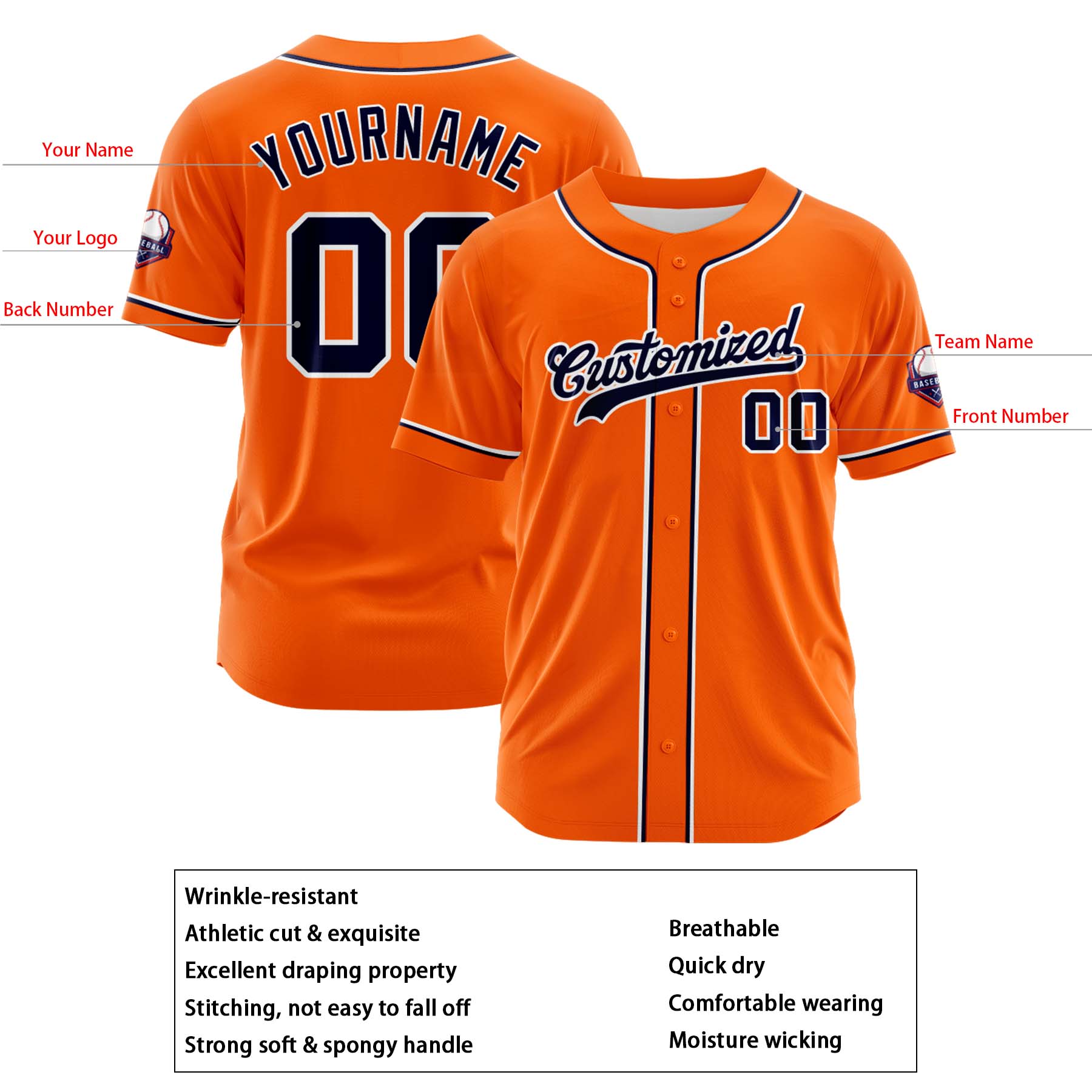 Custom Personalized Orange Black White Fashion Design Full Button Authentic Baseball Jersey