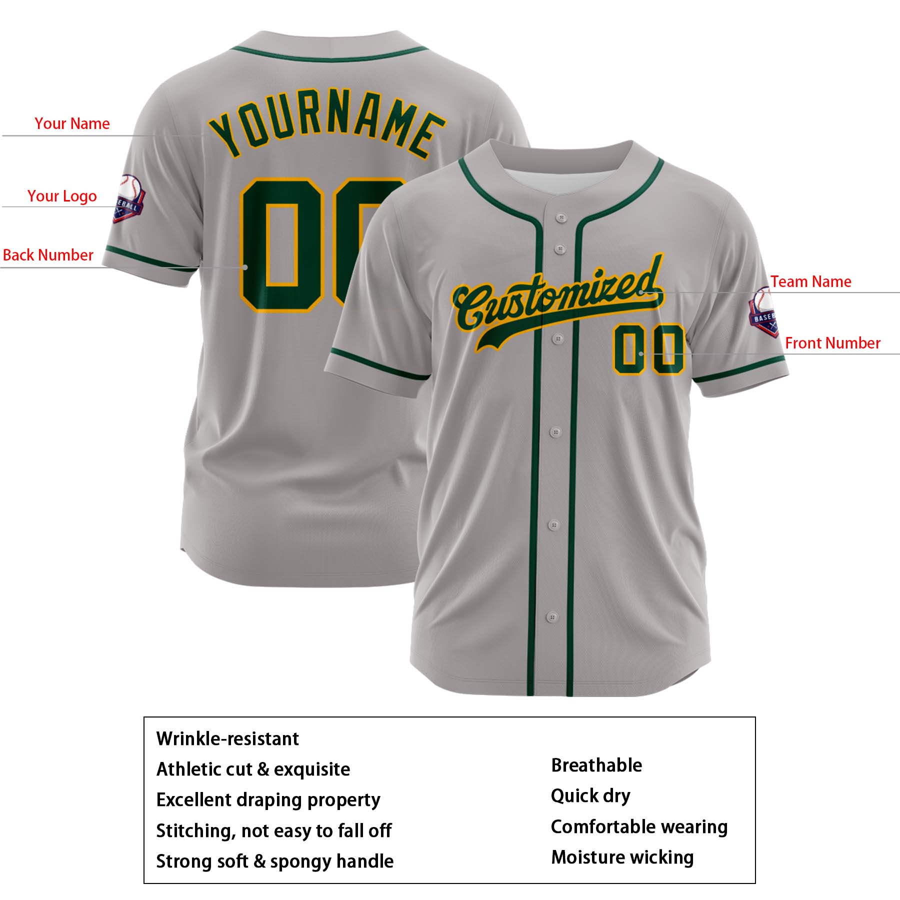 Custom Personalized Gray Teal Gold Fashion Design Full Button Authentic Baseball Jersey