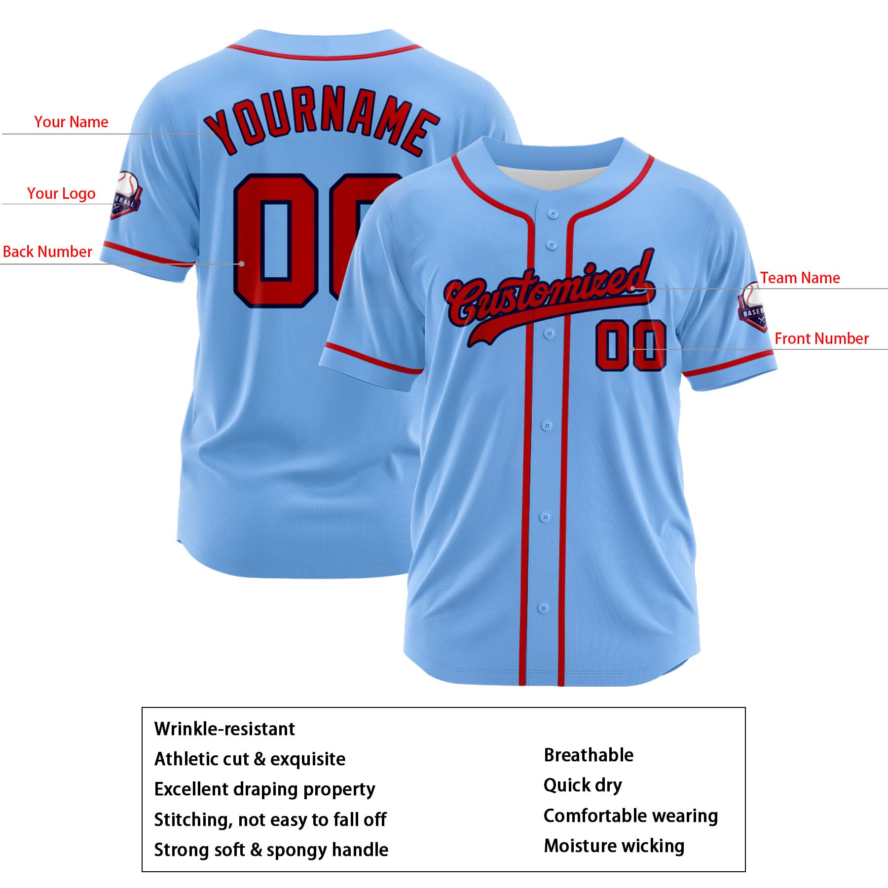 Custom Personalized Light Blue Red Fashion Design Full Button Authentic Baseball Jersey
