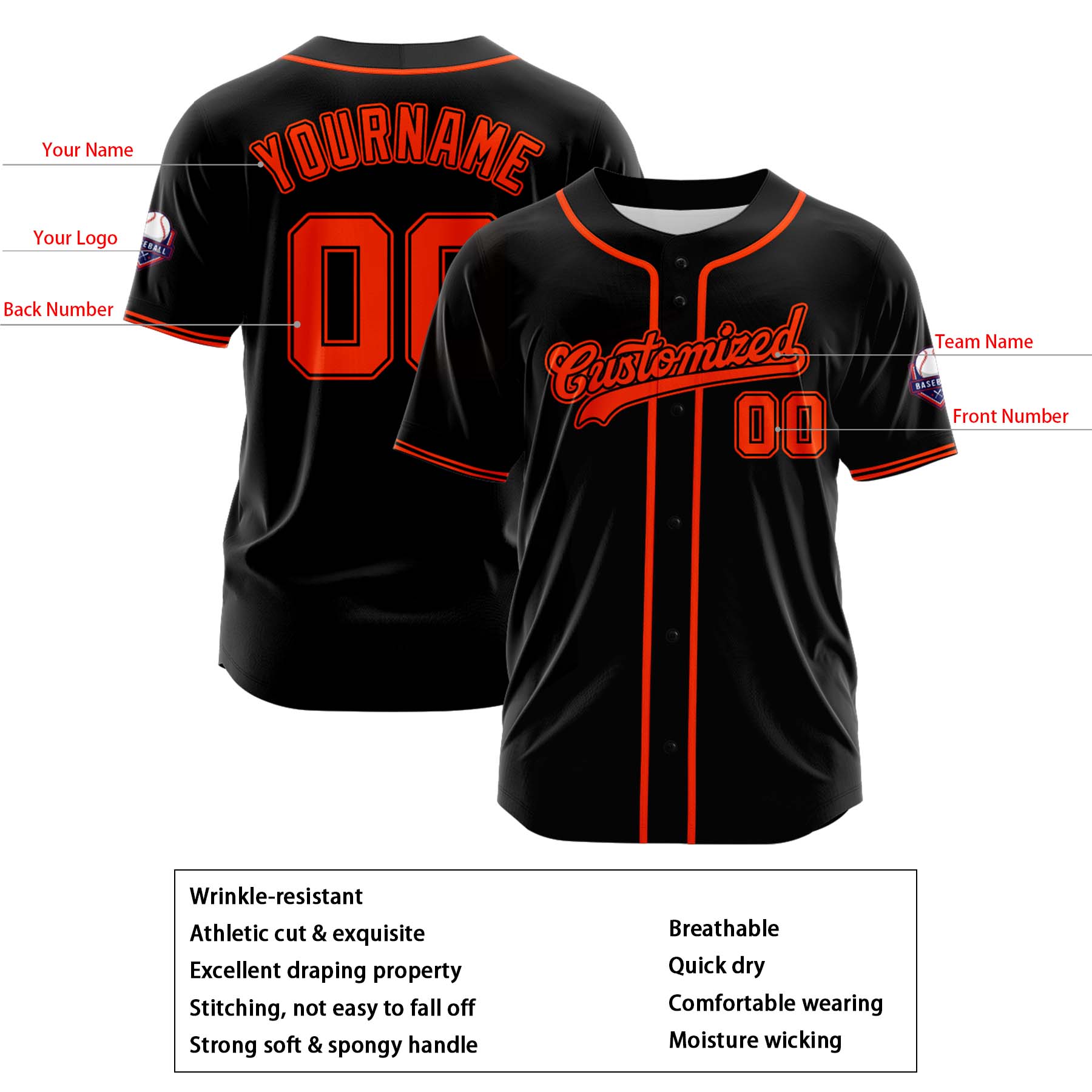 Custom Personalized Black Red Fashion Design Full Button Authentic Baseball Jersey