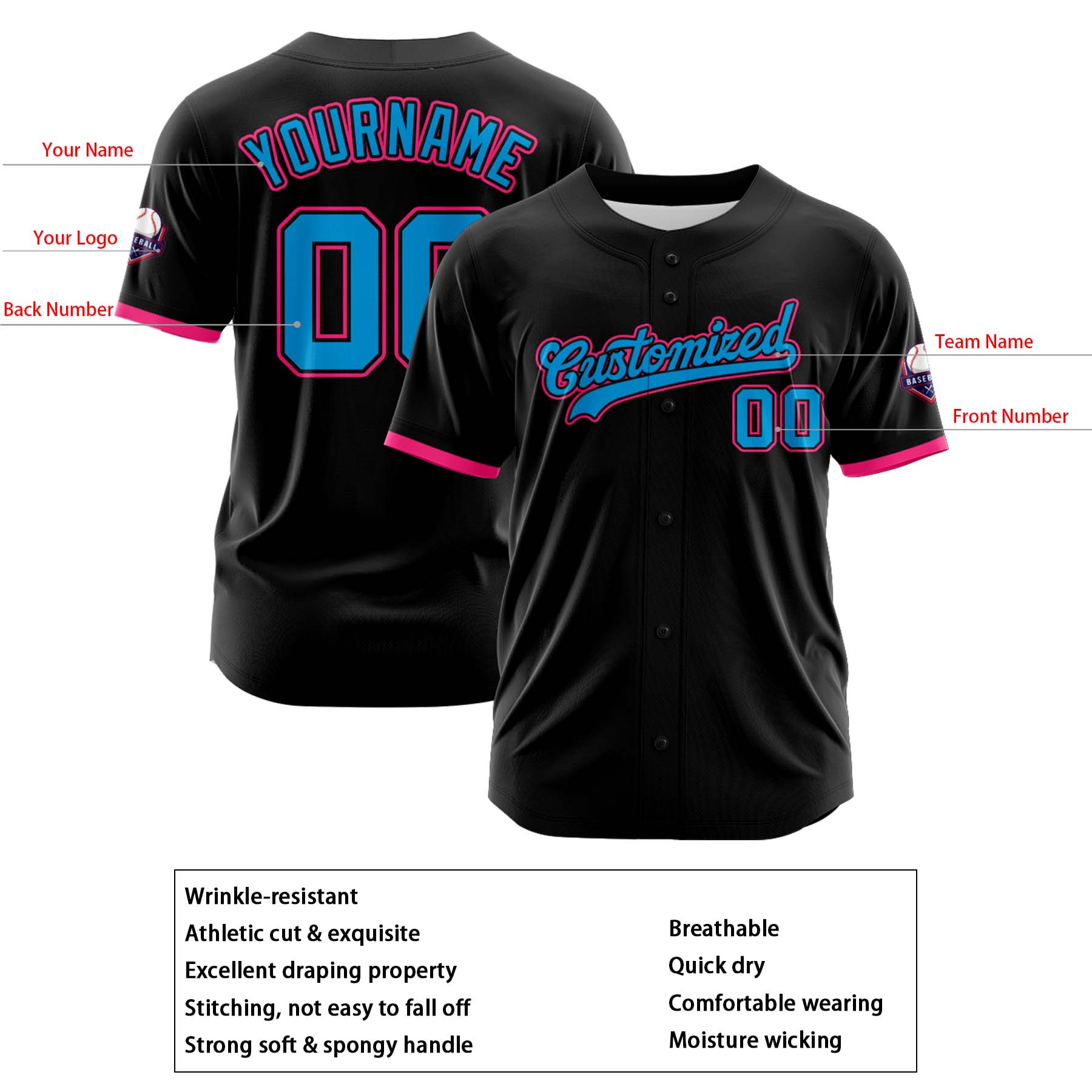 Custom Personalized Black Light Blue Pink Fashion Design Full Button Authentic Baseball Jersey