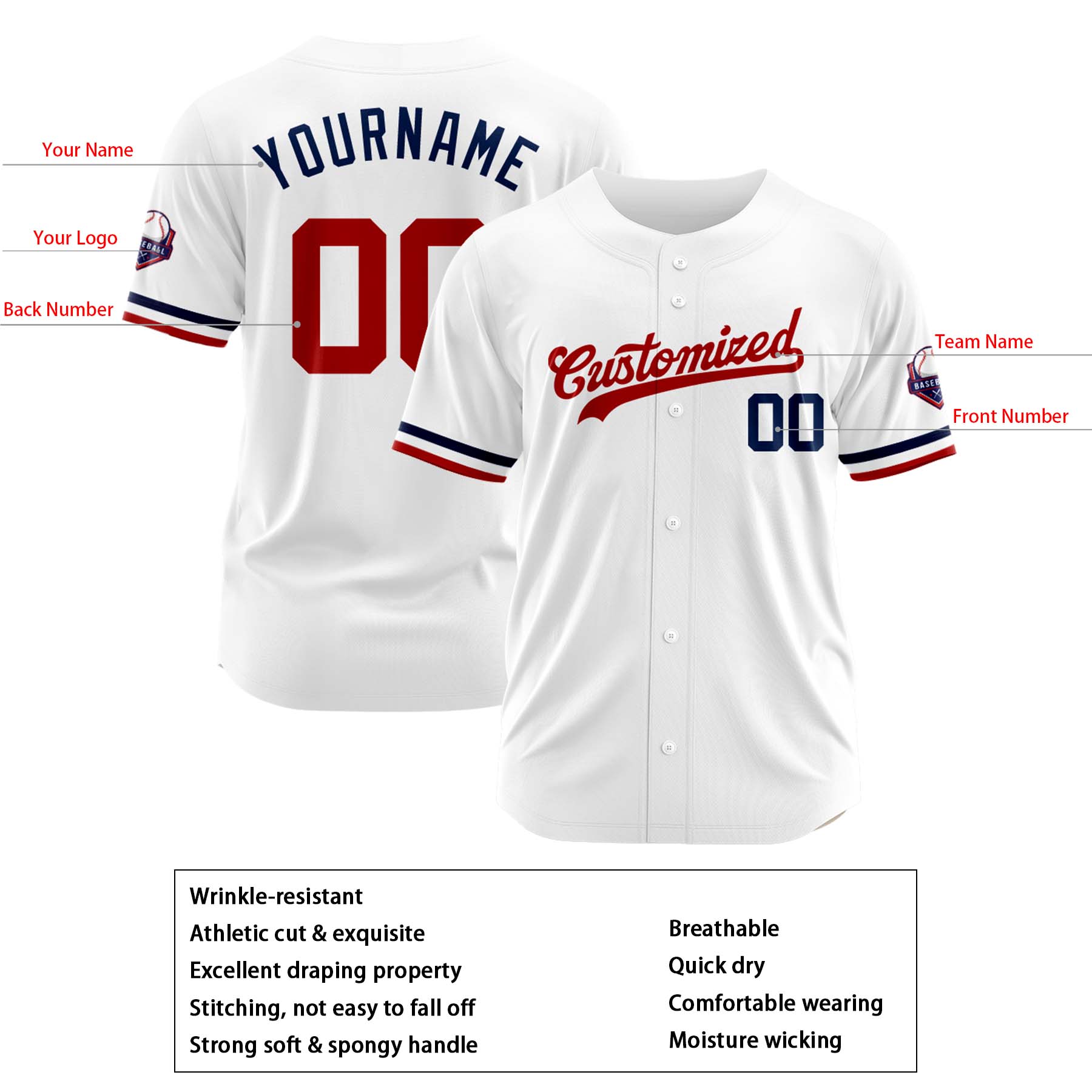 Custom Personalized White Red Fashion Design Full Button Authentic Baseball Jersey