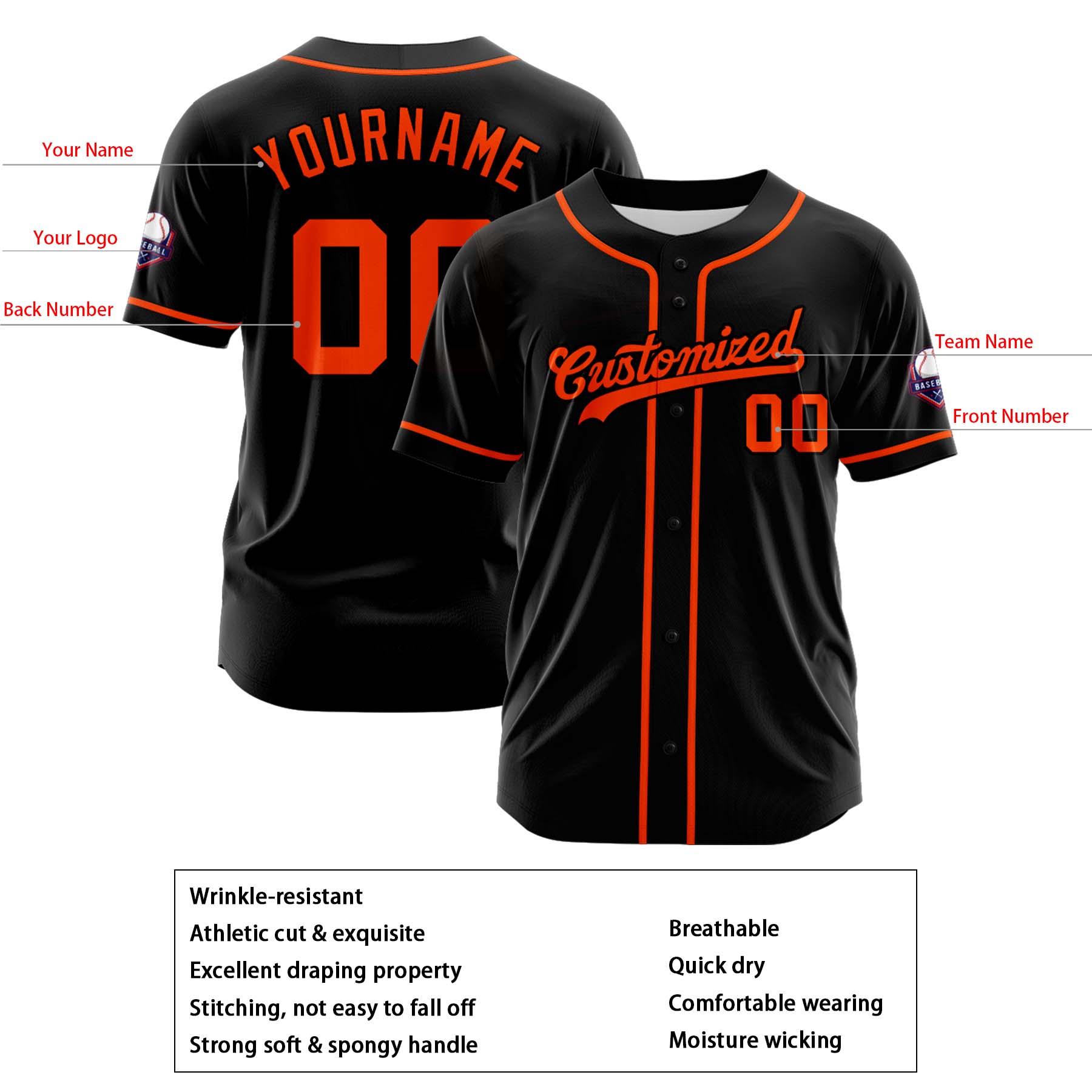 Custom Personalized Black Orange Fashion Design Full Button Authentic Baseball Jersey