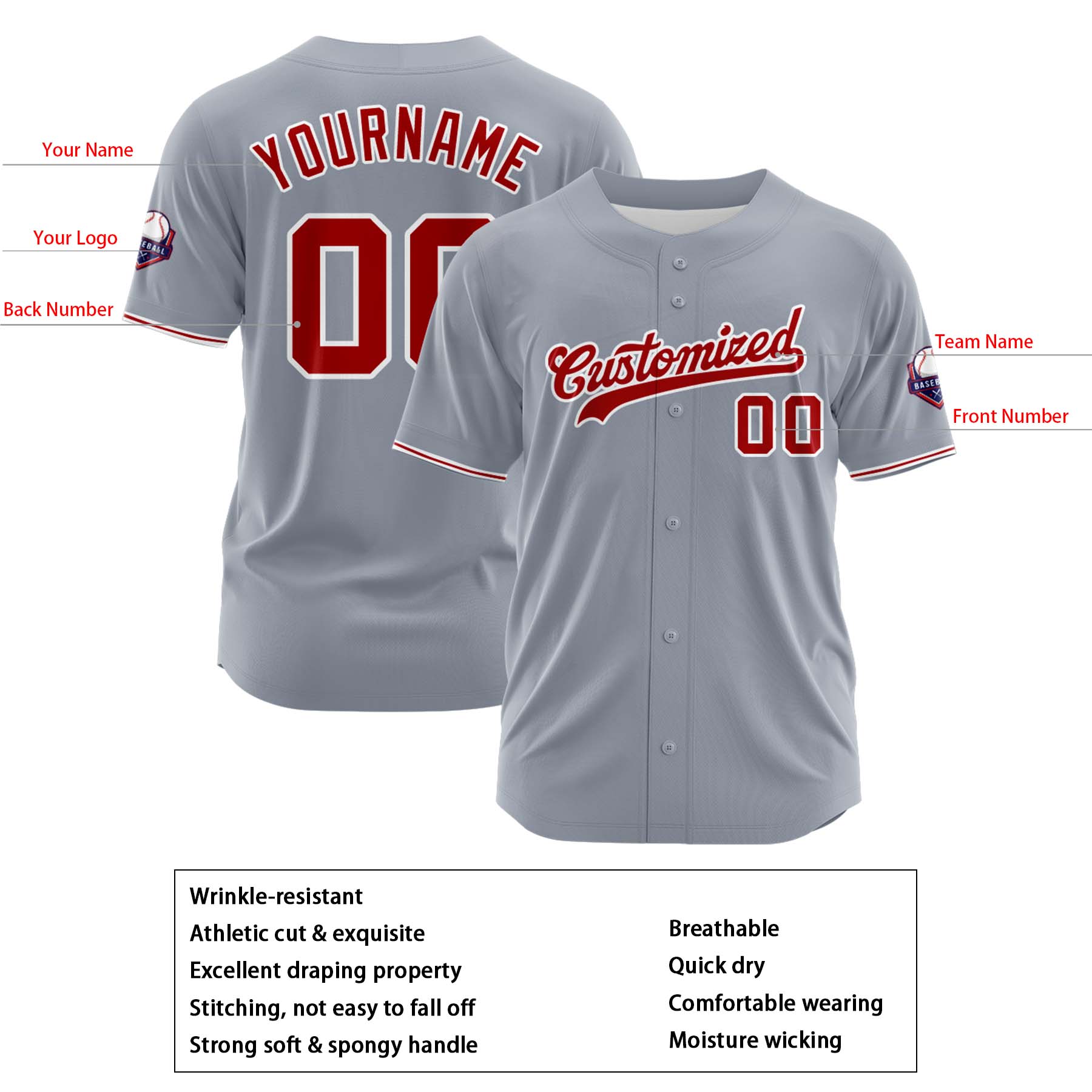 Custom Personalized Gray Red White Fashion Design Full Button Authentic Baseball Jersey