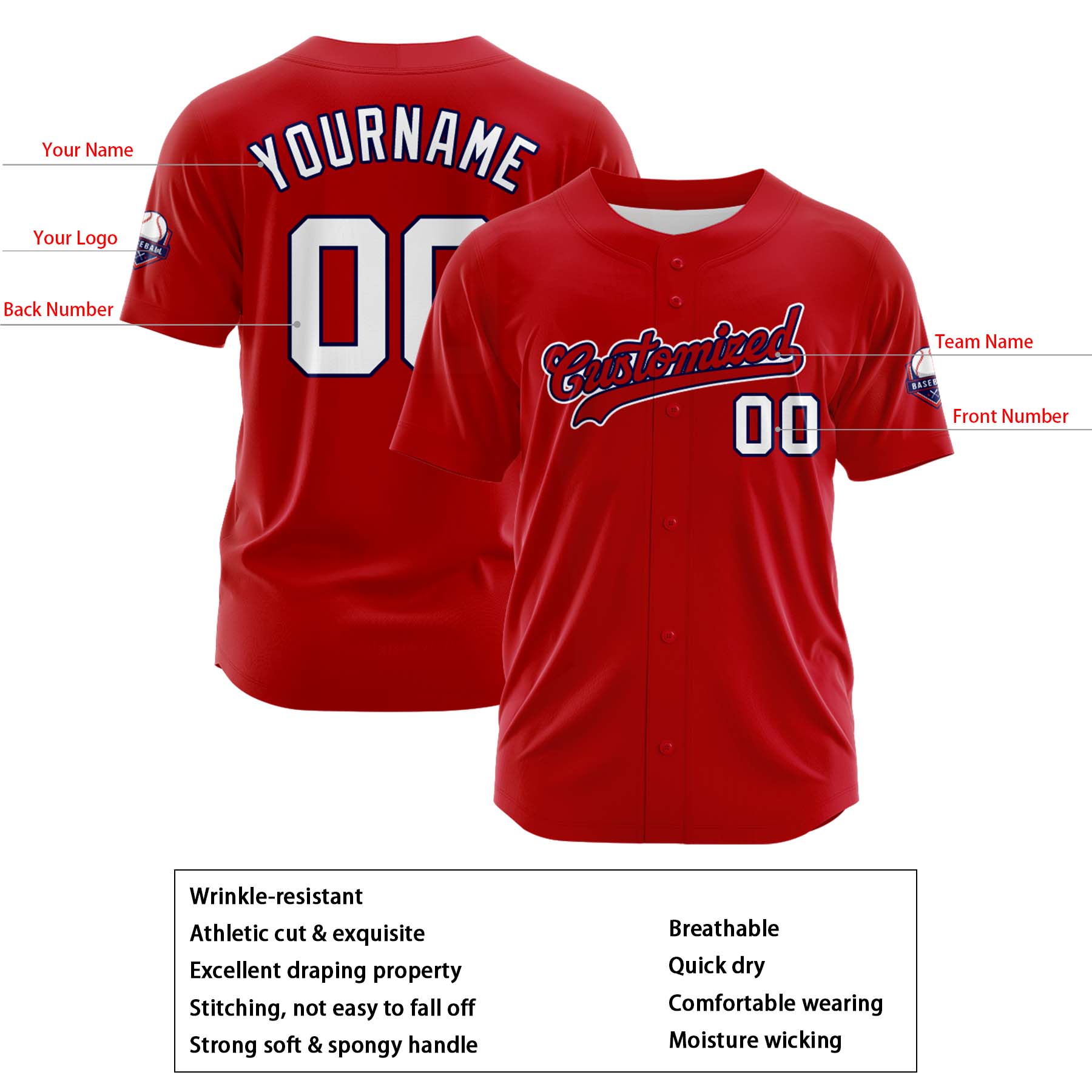 Custom Personalized Red White Fashion Design Full Button Authentic Baseball Jersey
