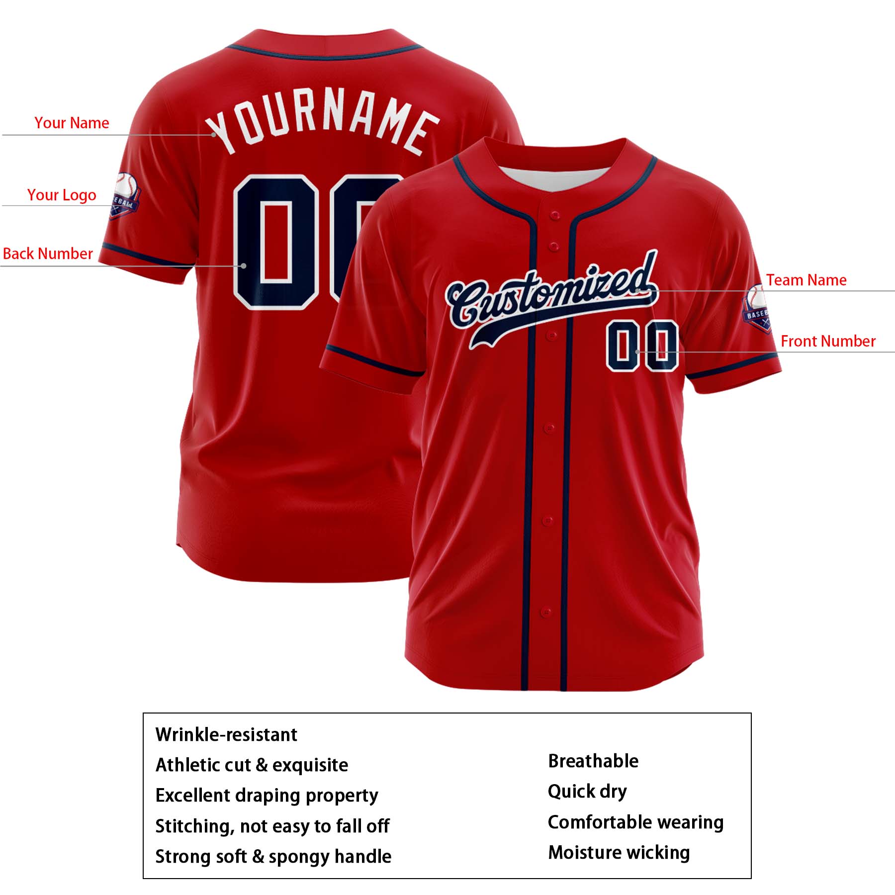 Custom Personalized Red Navy White Fashion Design Full Button Authentic Baseball Jersey