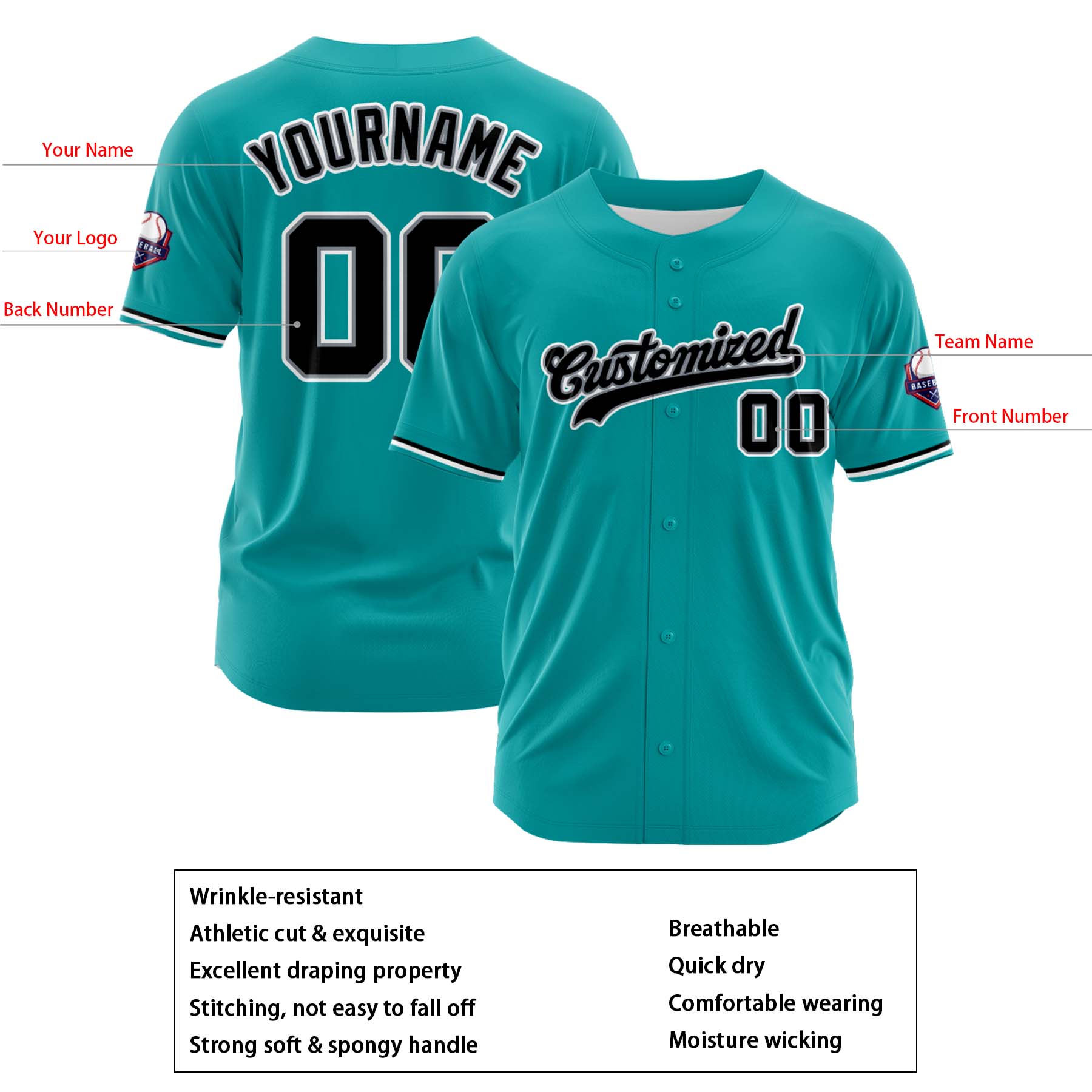Custom Personalized Teal Black Fashion Design Full Button Authentic Baseball Jersey