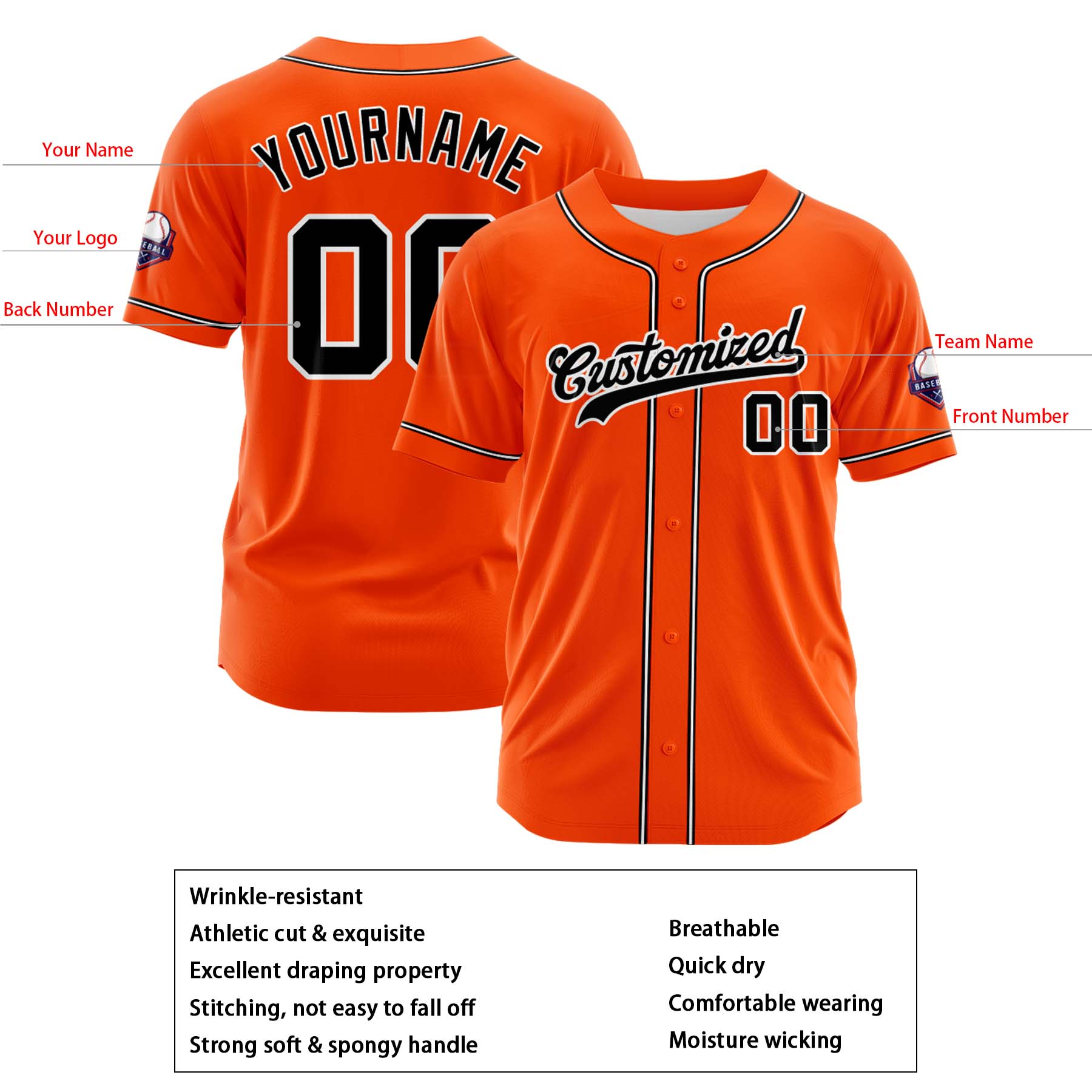 Custom Personalized Orange Black White Fashion Design Full Button Authentic Baseball Jersey