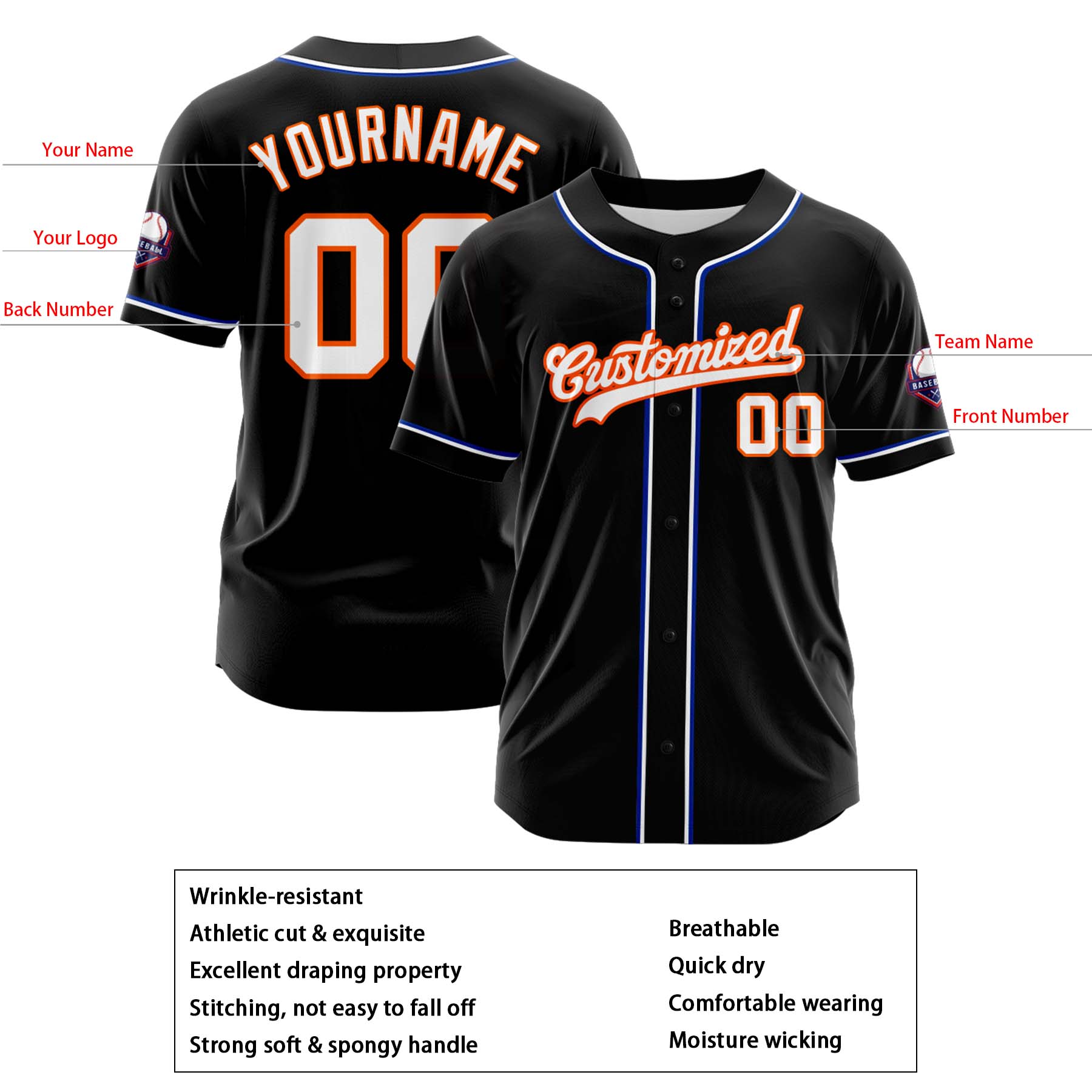 Custom Personalized Black White Orange Fashion Design Full Button Authentic Baseball Jersey