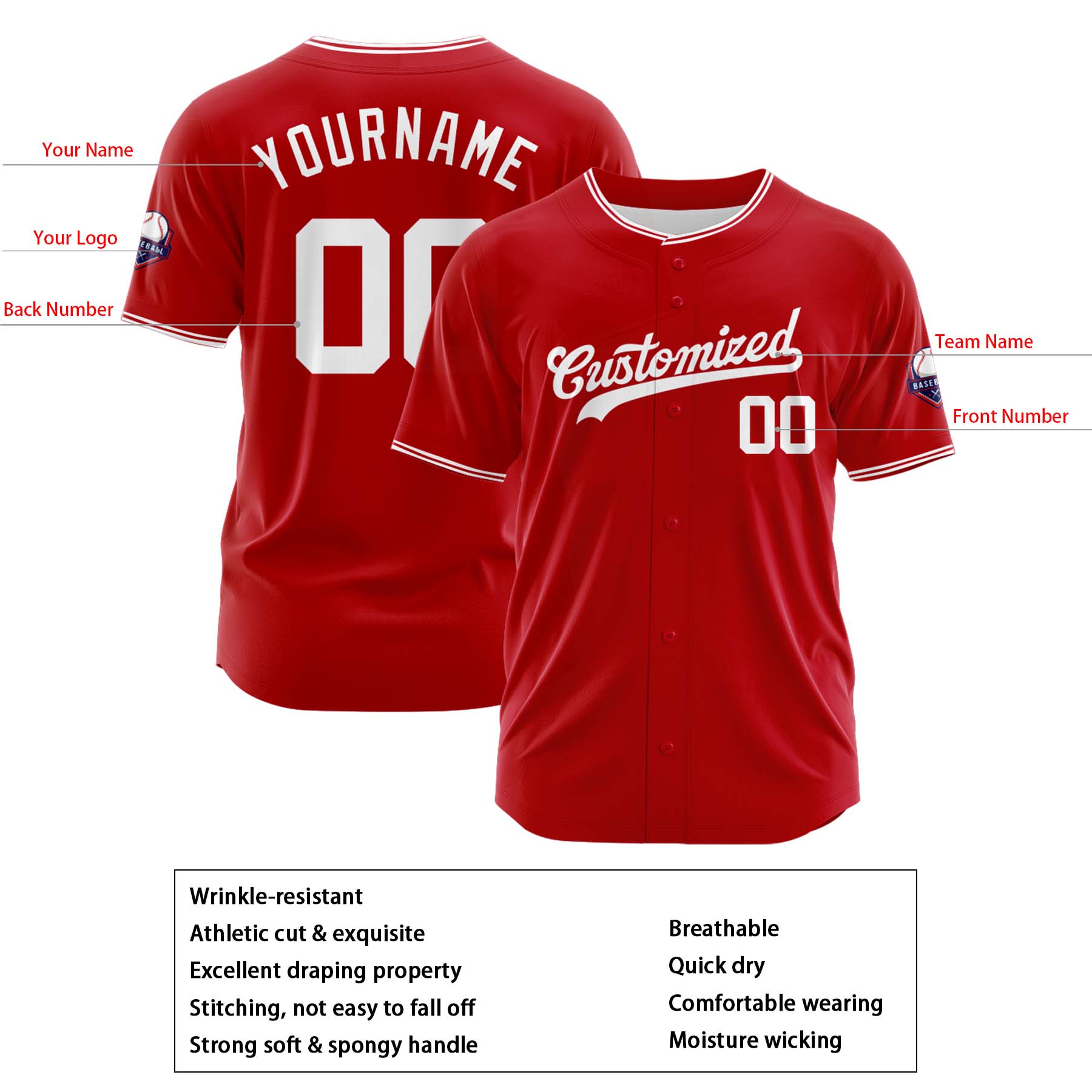 Custom Personalized Red White Fashion Design Full Button Authentic Baseball Jersey
