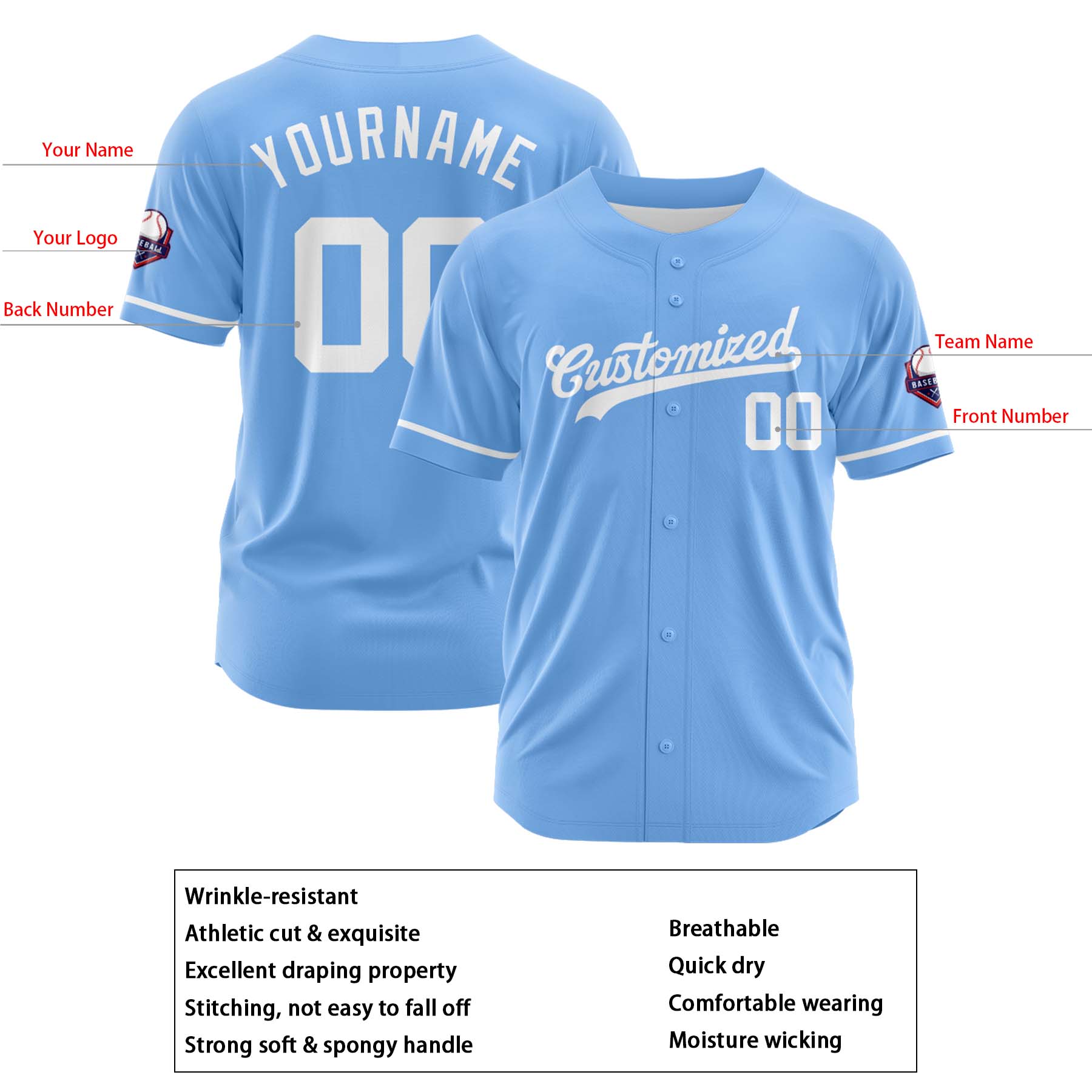 Custom Personalized Light Blue White Fashion Design Full Button Authentic Baseball Jersey