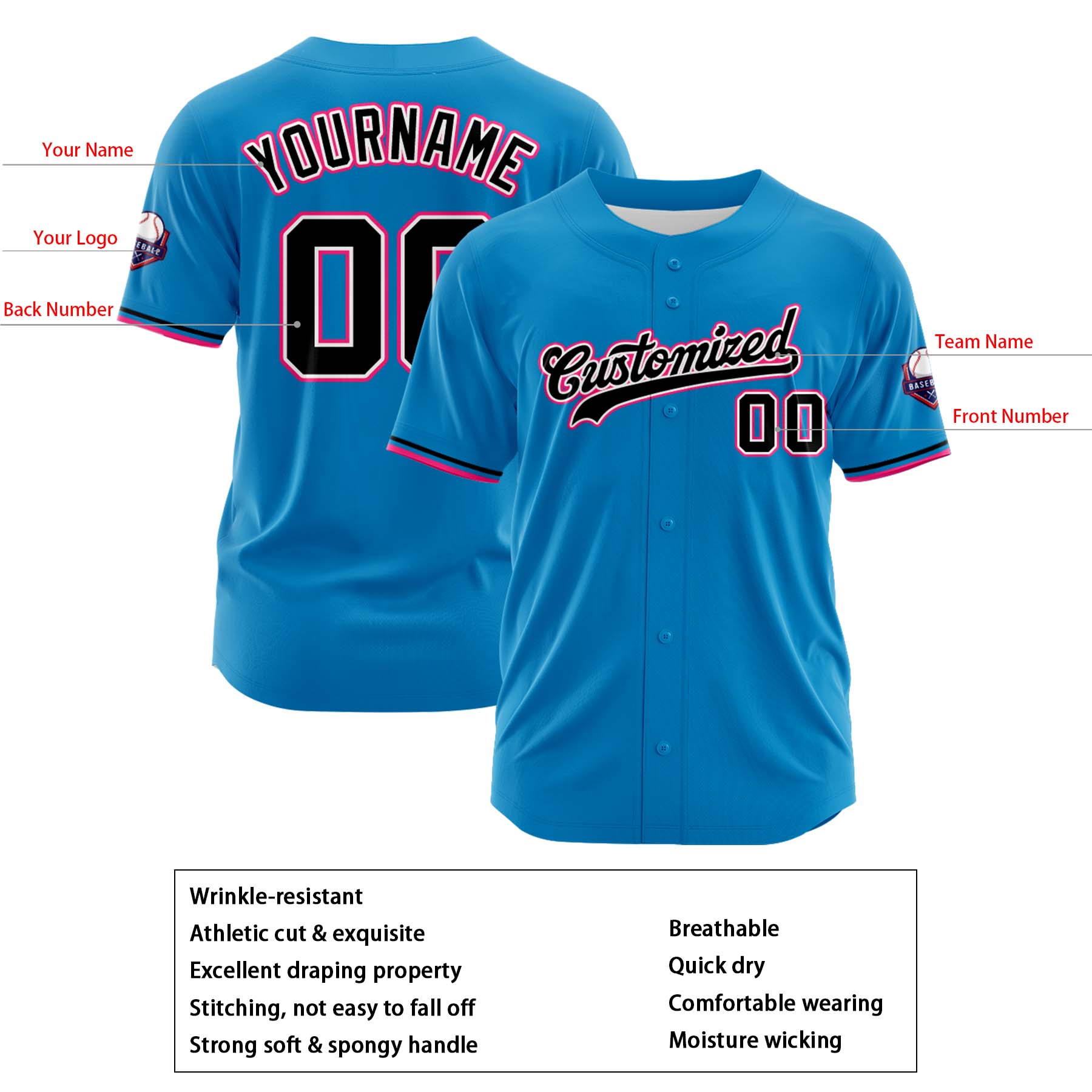 Custom Personalized Light Blue Black Fashion Design Full Button Authentic Baseball Jersey
