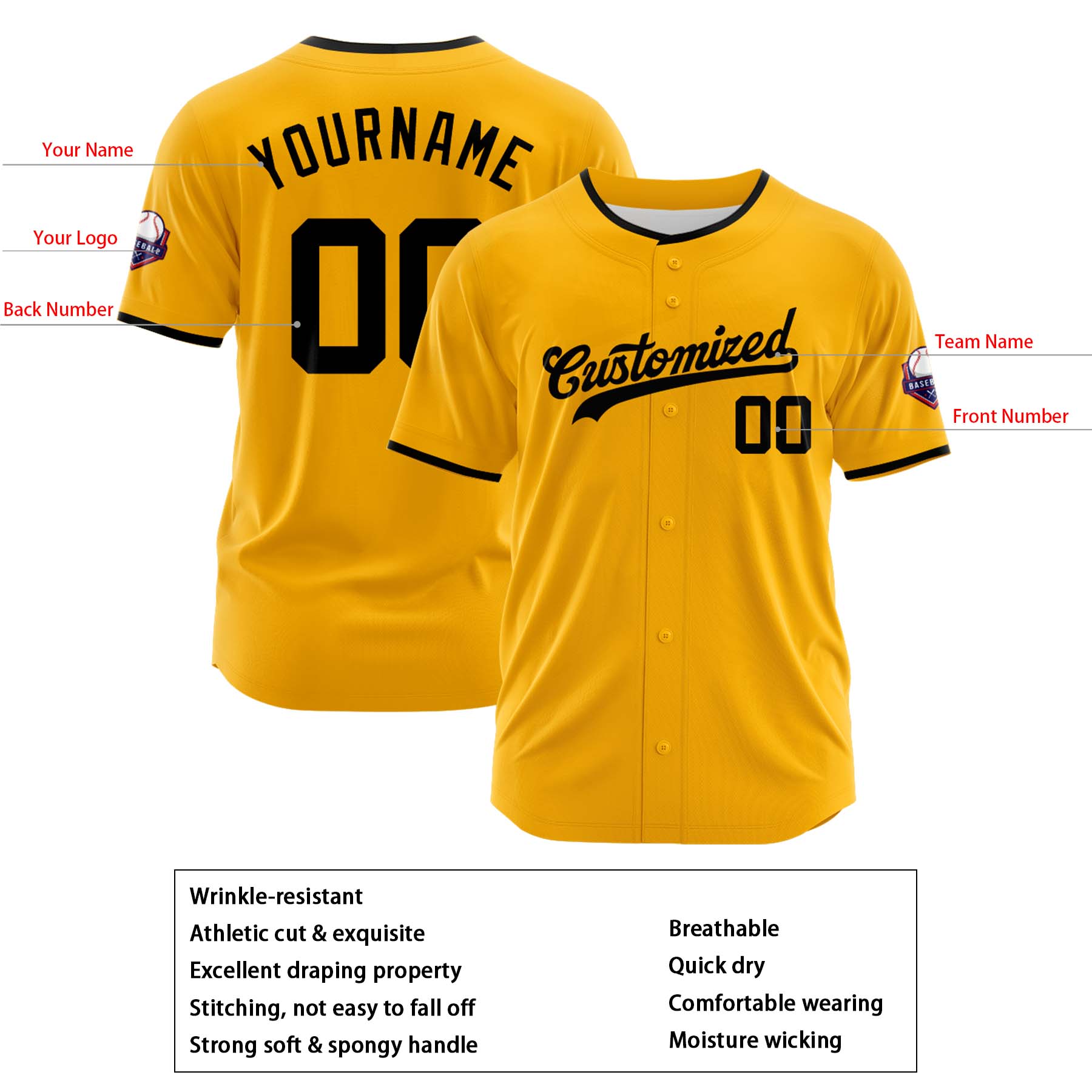 Custom Personalized Yellow Black Fashion Design Full Button Authentic Baseball Jersey